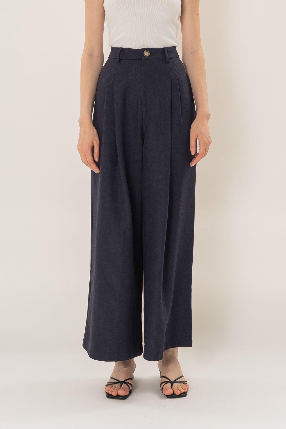 Linear Pleat Wide-Leg Trousers in Dark Navy