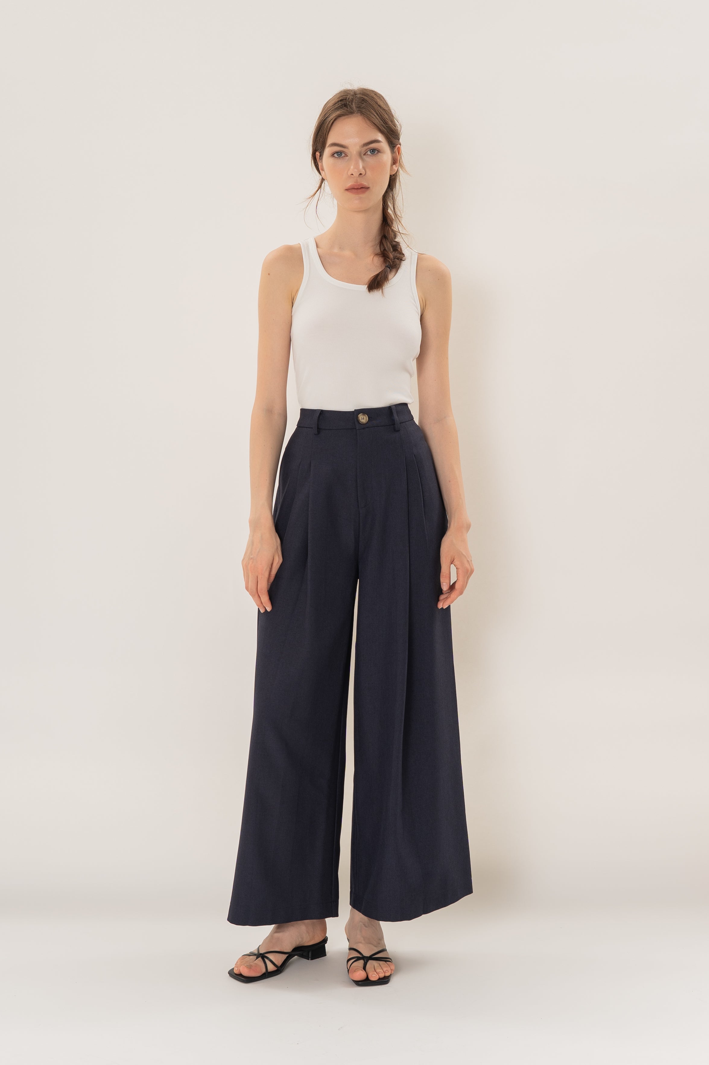 Linear Pleat Wide-Leg Trousers in Dark Navy