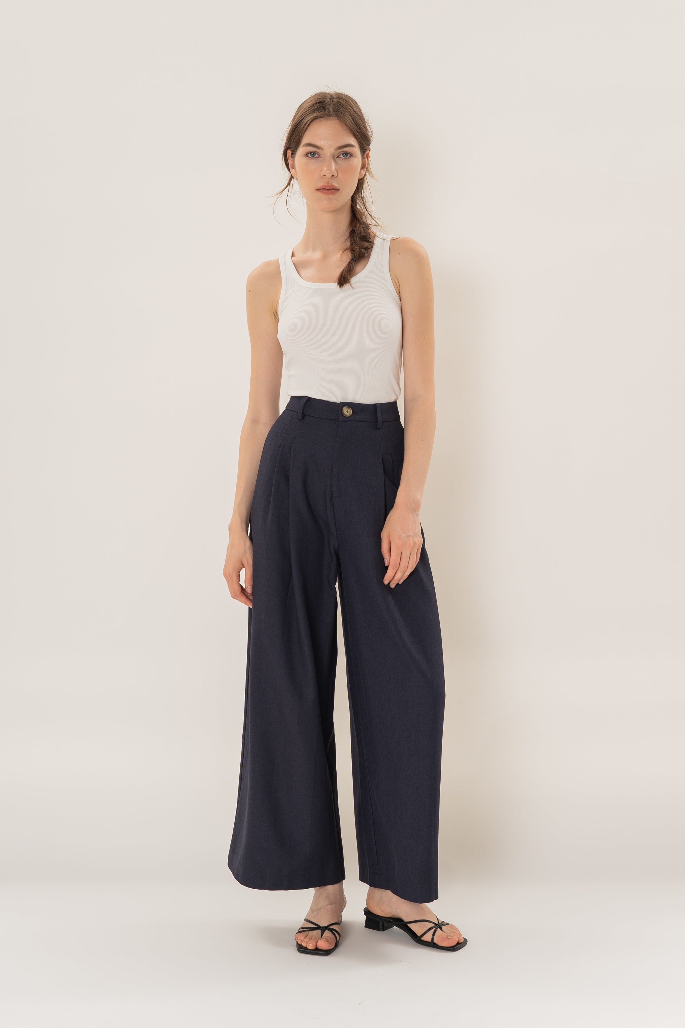 Linear Pleat Wide-Leg Trousers in Dark Navy