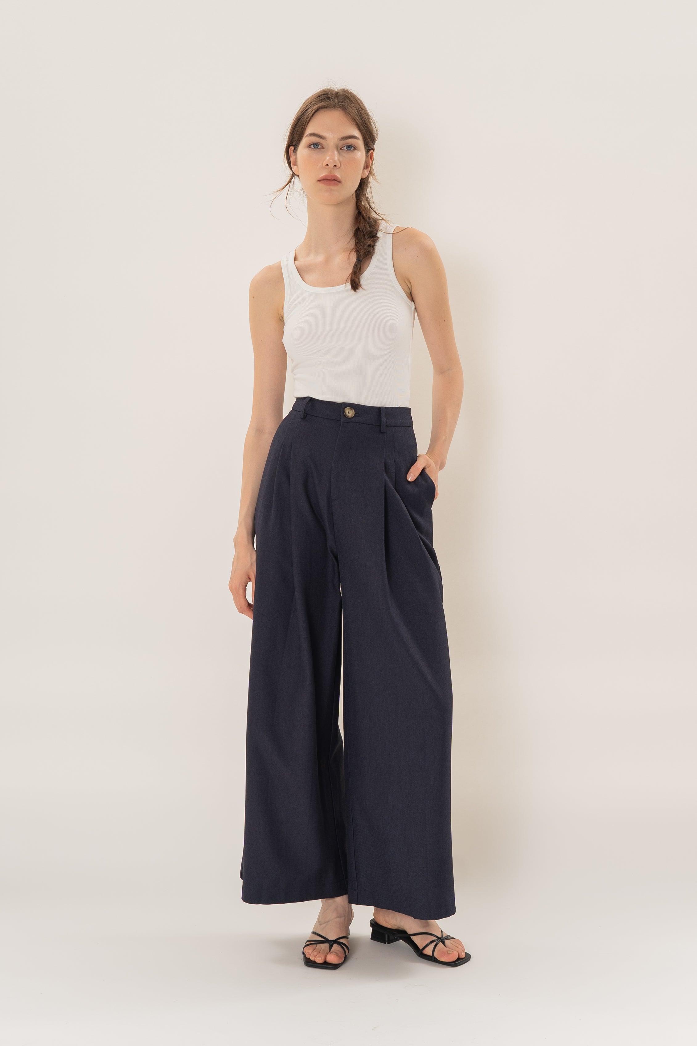 Linear Pleat Wide-Leg Trousers in Dark Navy