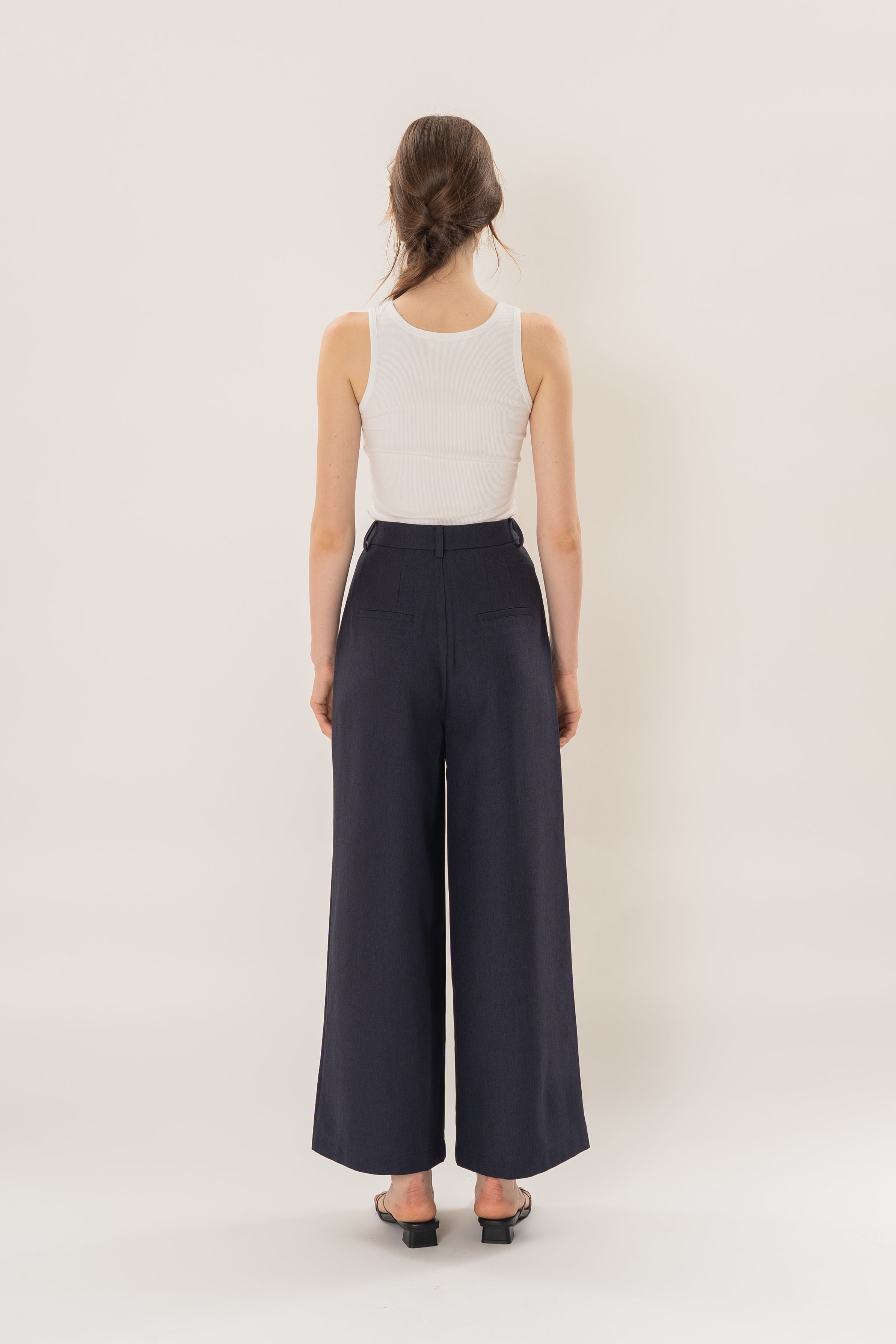 Linear Pleat Wide-Leg Trousers in Dark Navy