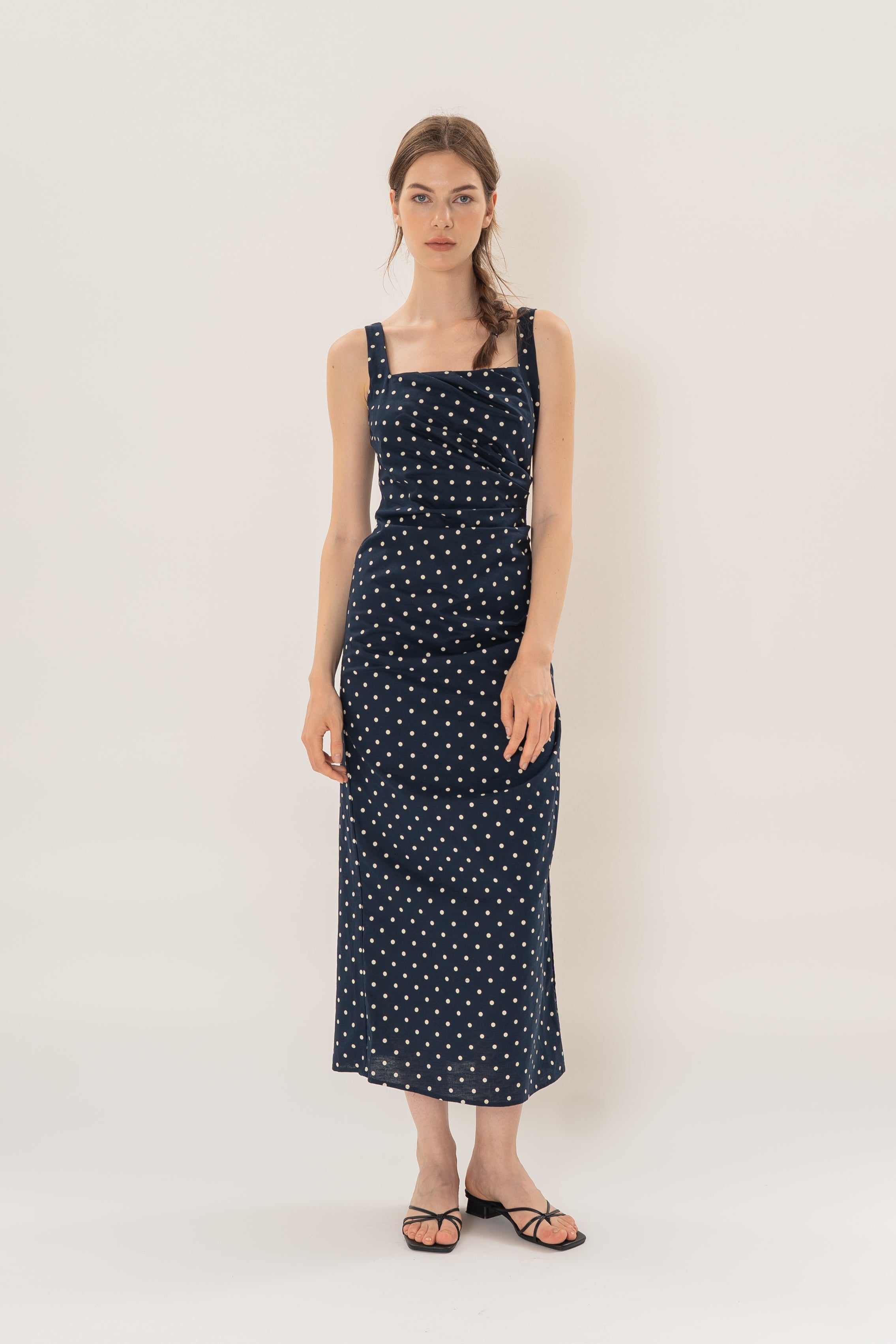 Ruched Maxi Dress in Ivory Dot