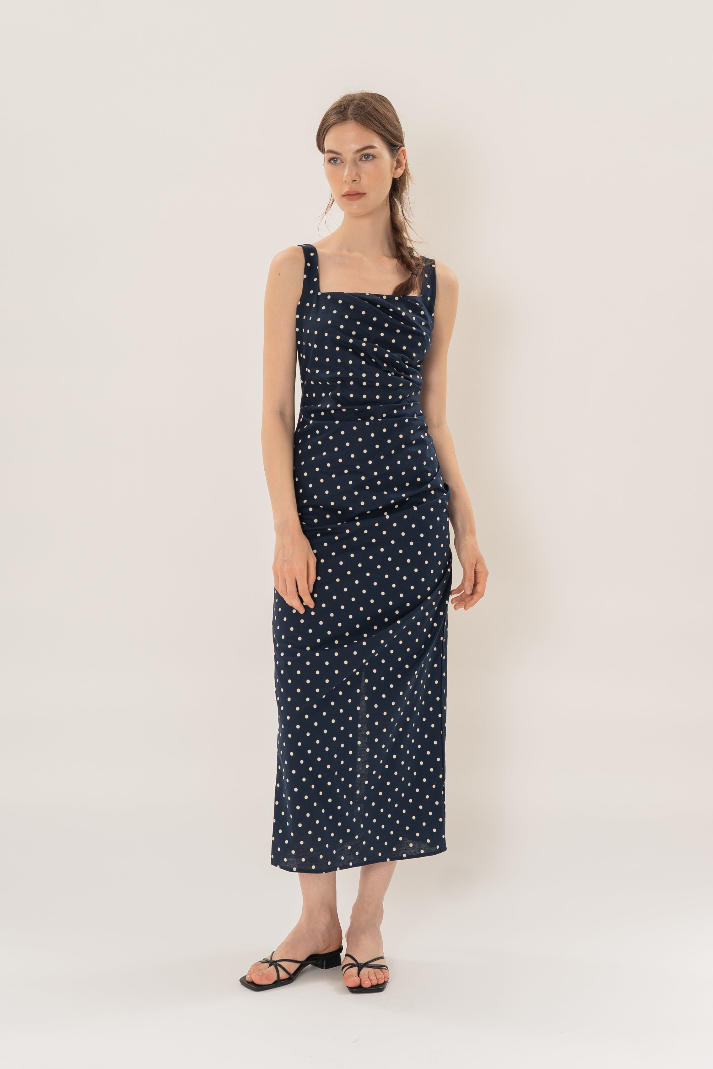 Ruched Maxi Dress in Ivory Dot