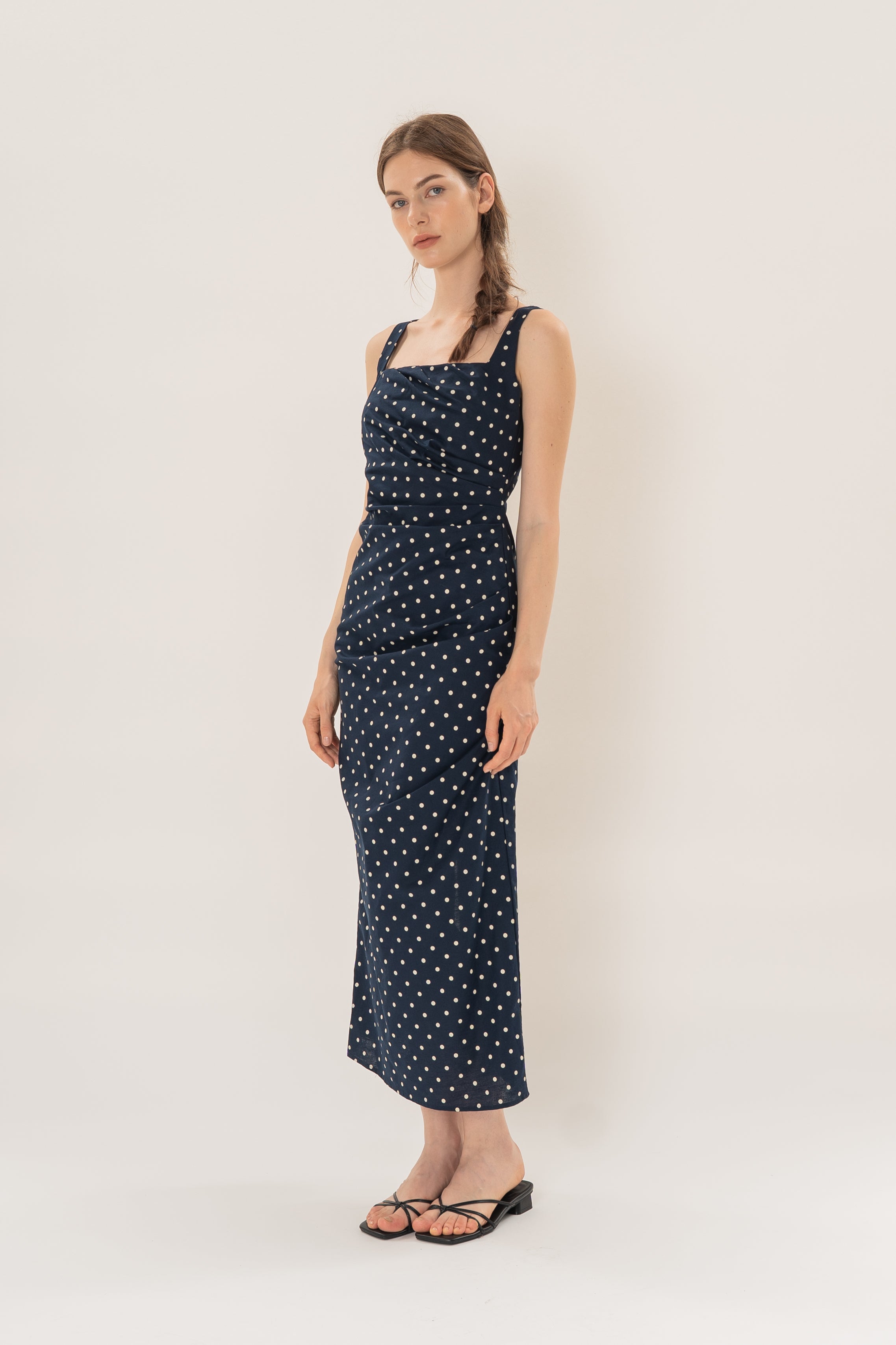 Ruched Maxi Dress in Ivory Dot