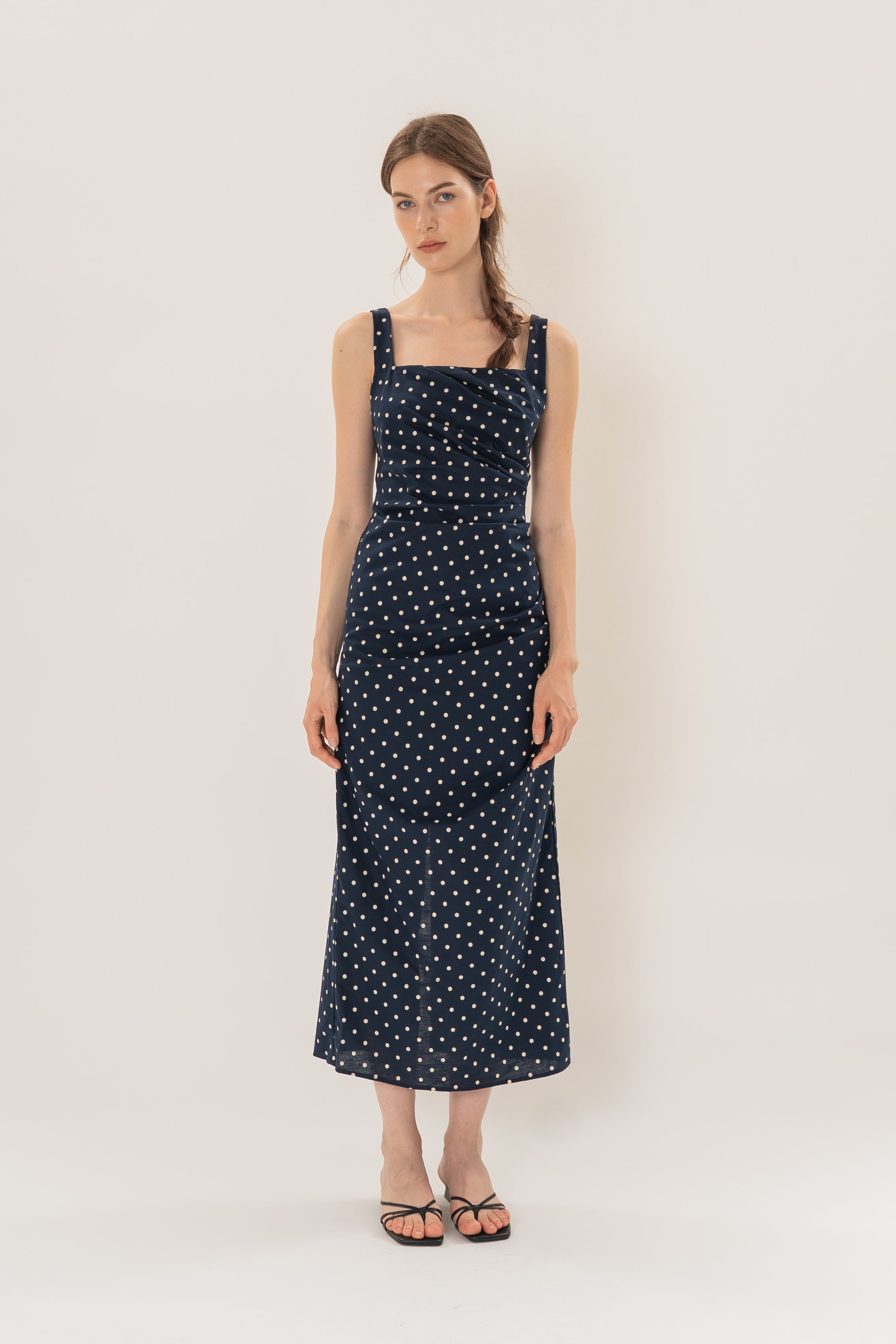 Ruched Maxi Dress in Ivory Dot