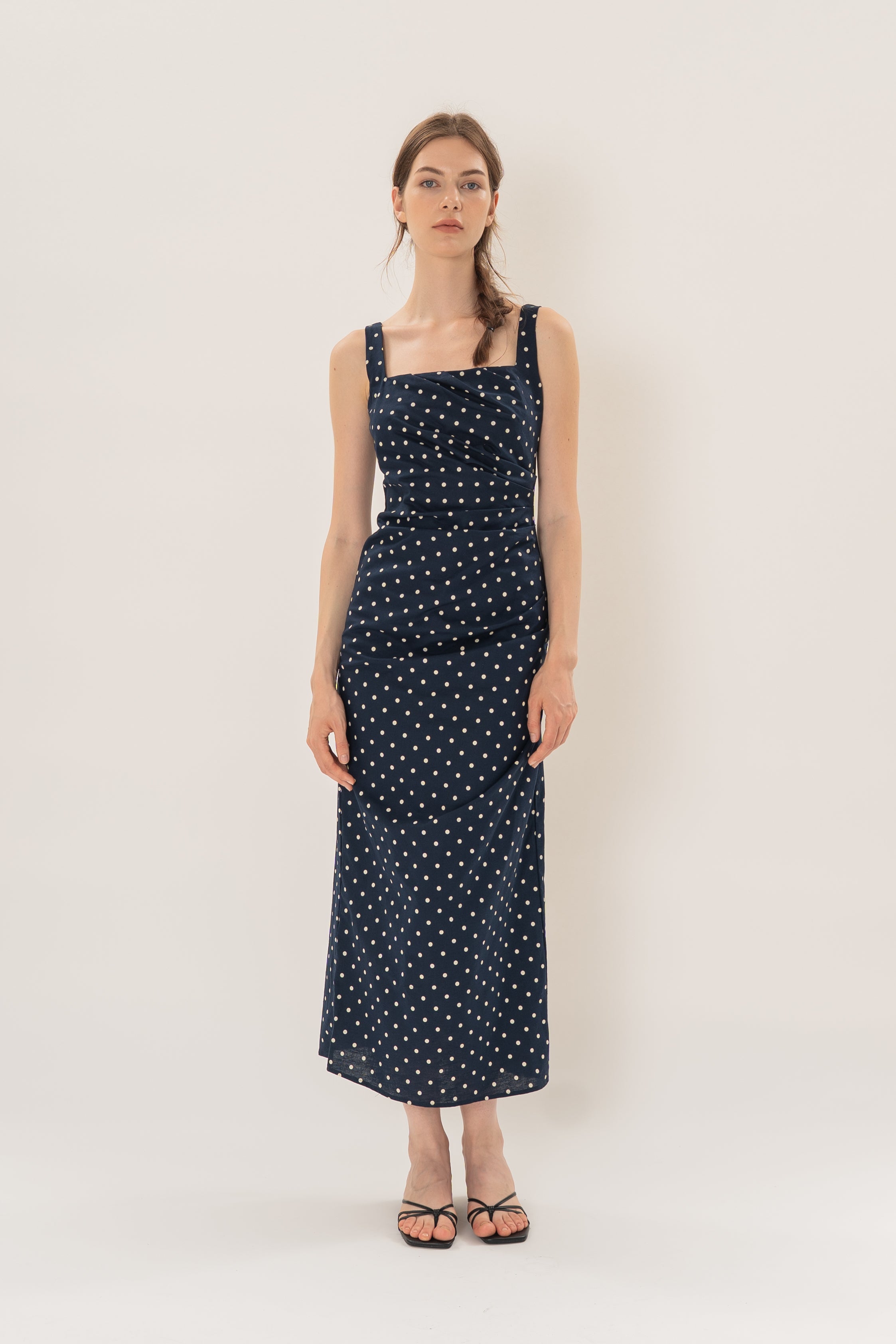 Ruched Maxi Dress in Ivory Dot