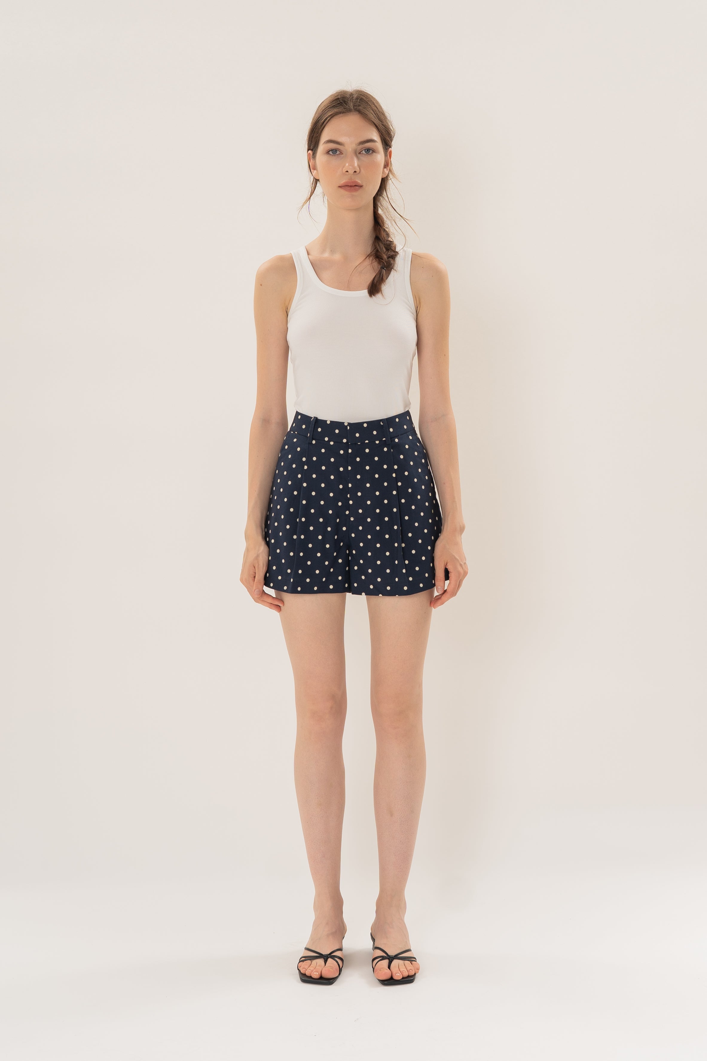 Volume Pleated Shorts in Ivory Dot
