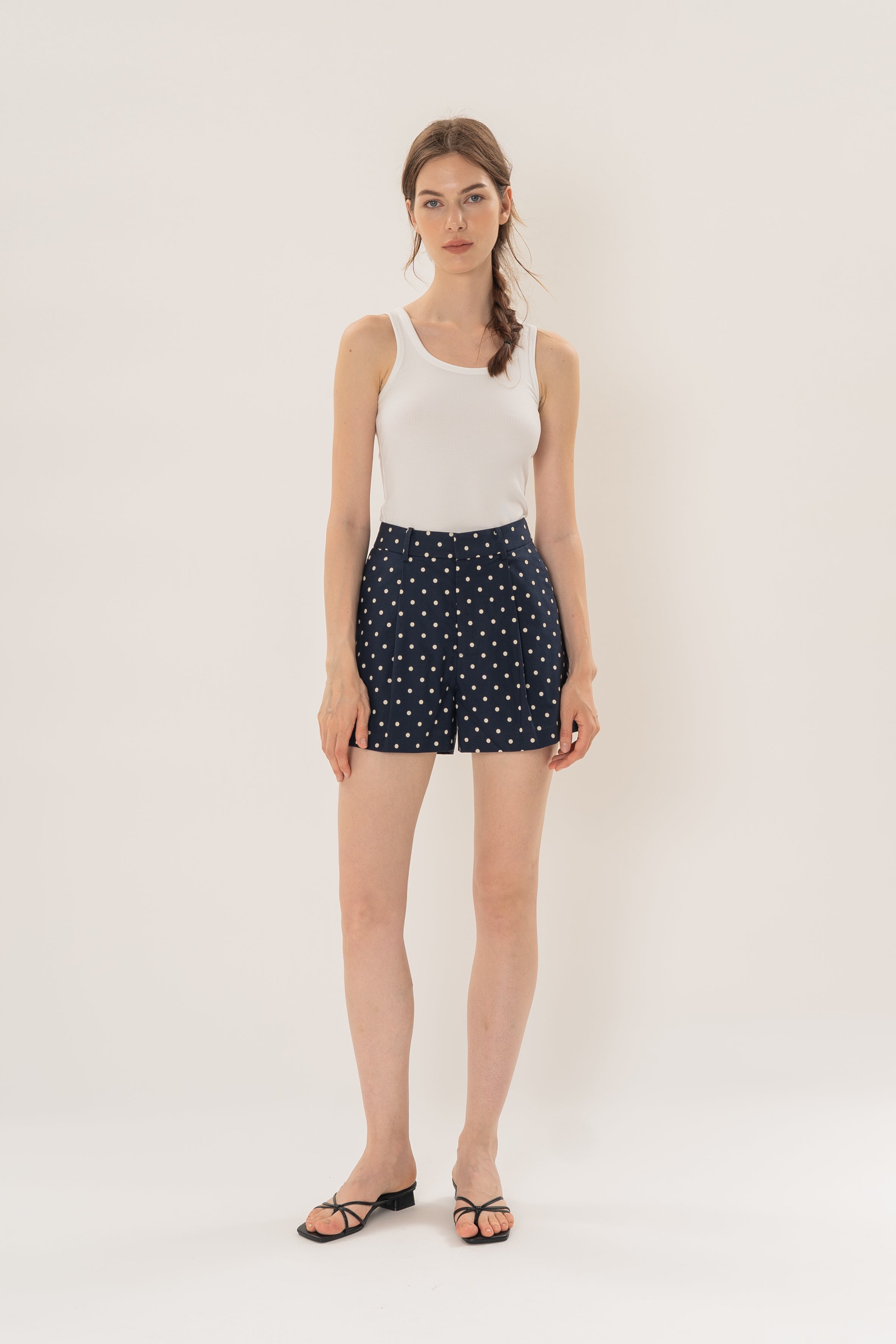 Volume Pleated Shorts in Ivory Dot