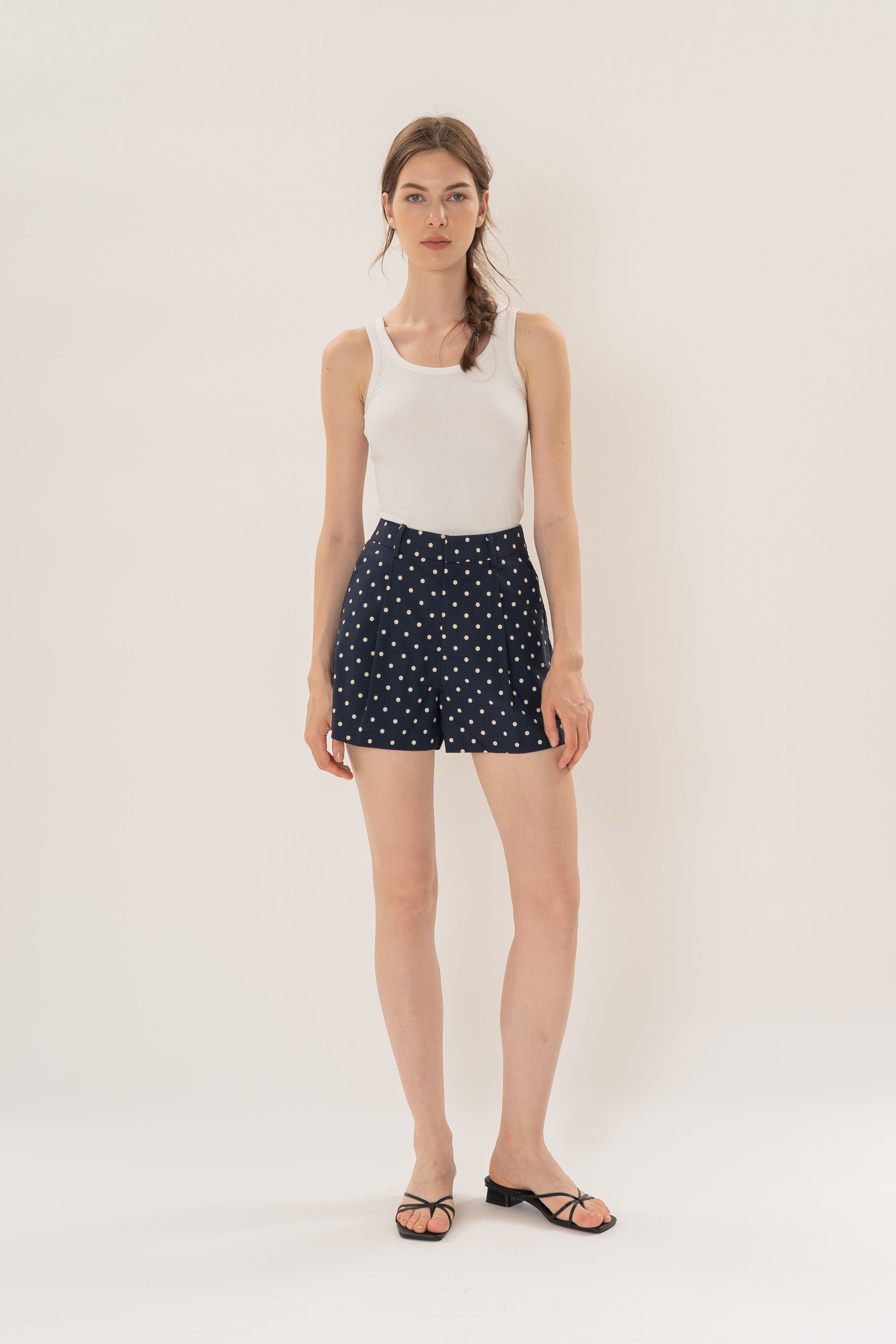 Volume Pleated Shorts in Ivory Dot