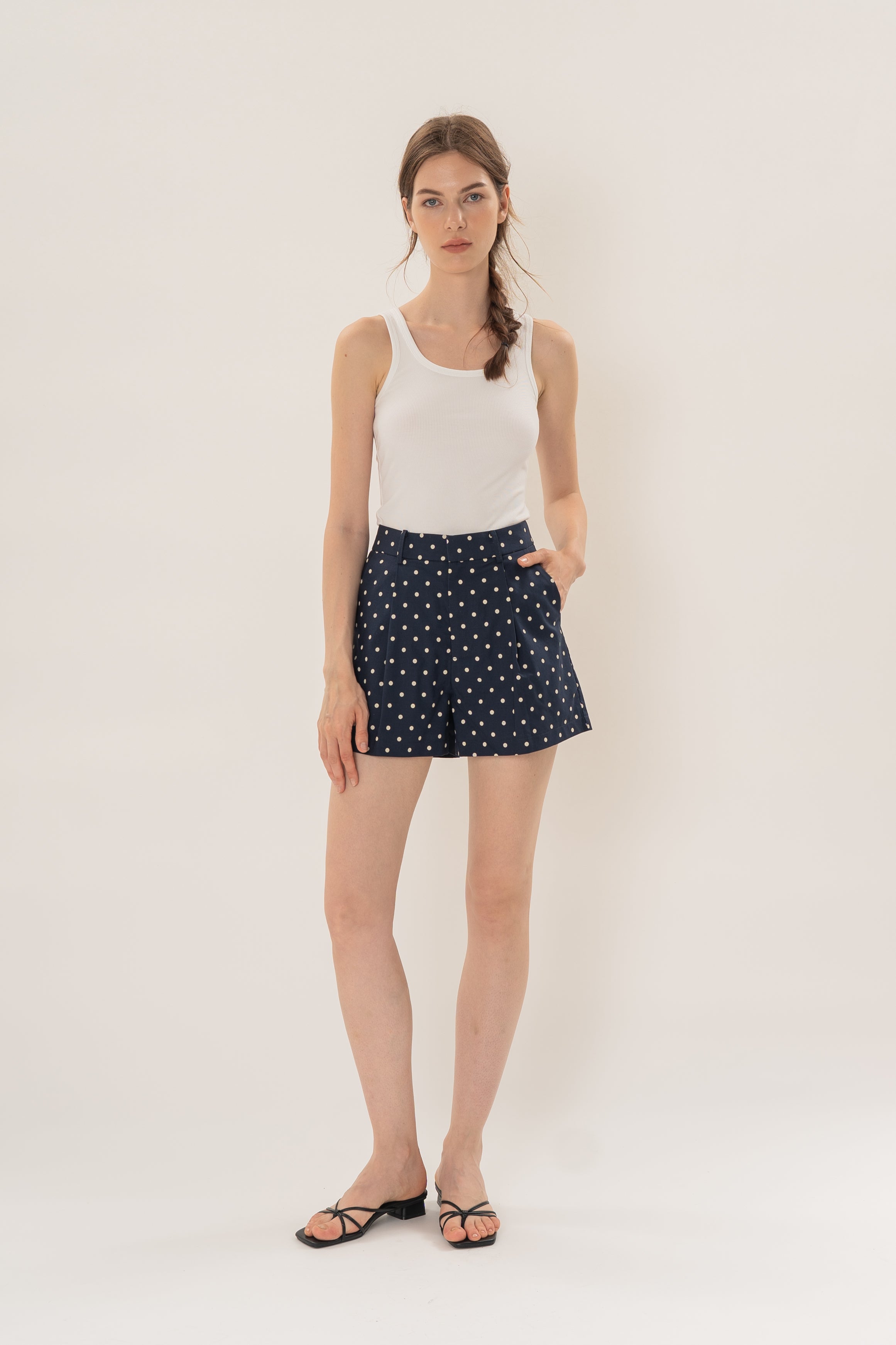 Volume Pleated Shorts in Ivory Dot