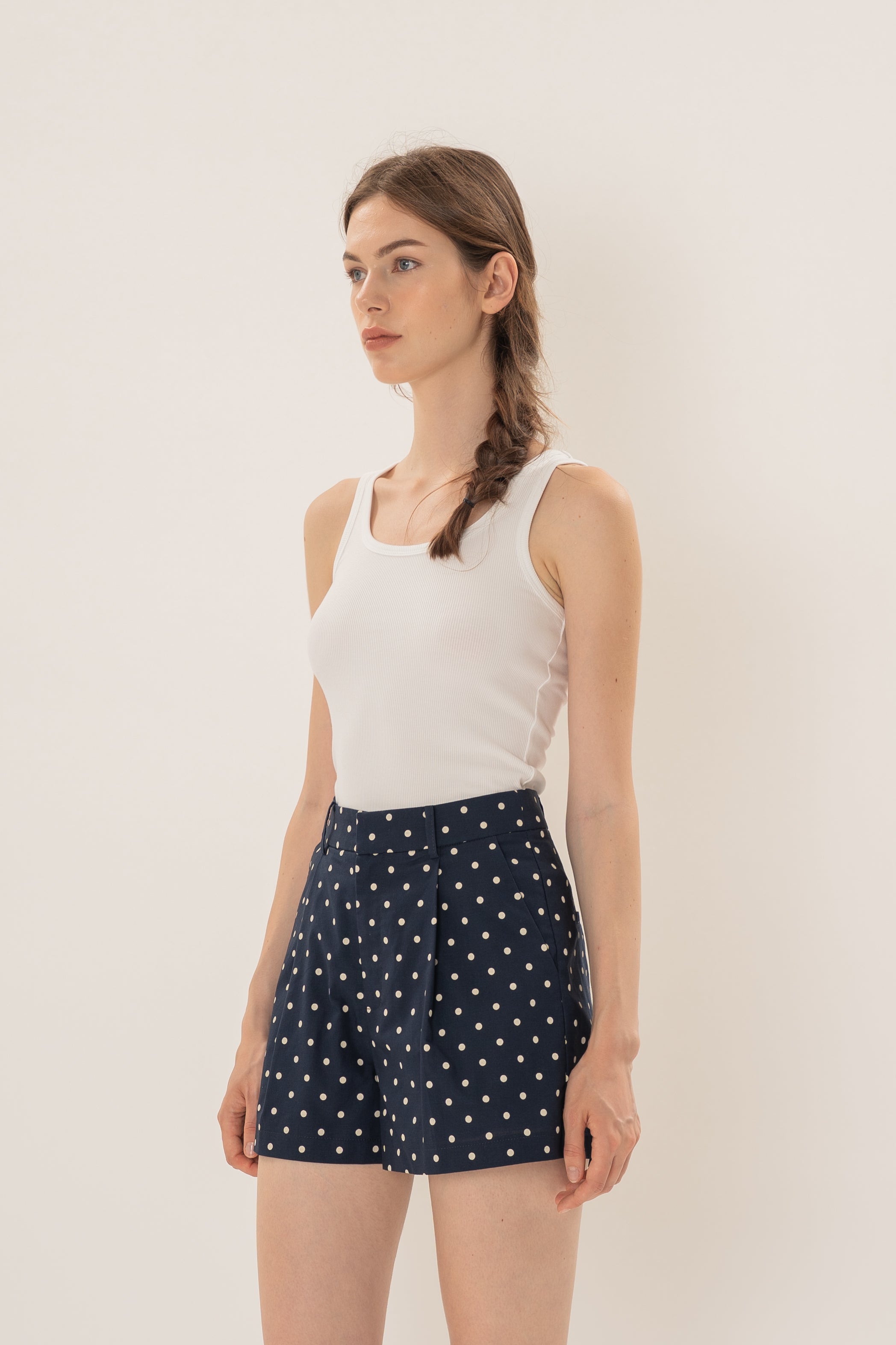 Volume Pleated Shorts in Ivory Dot