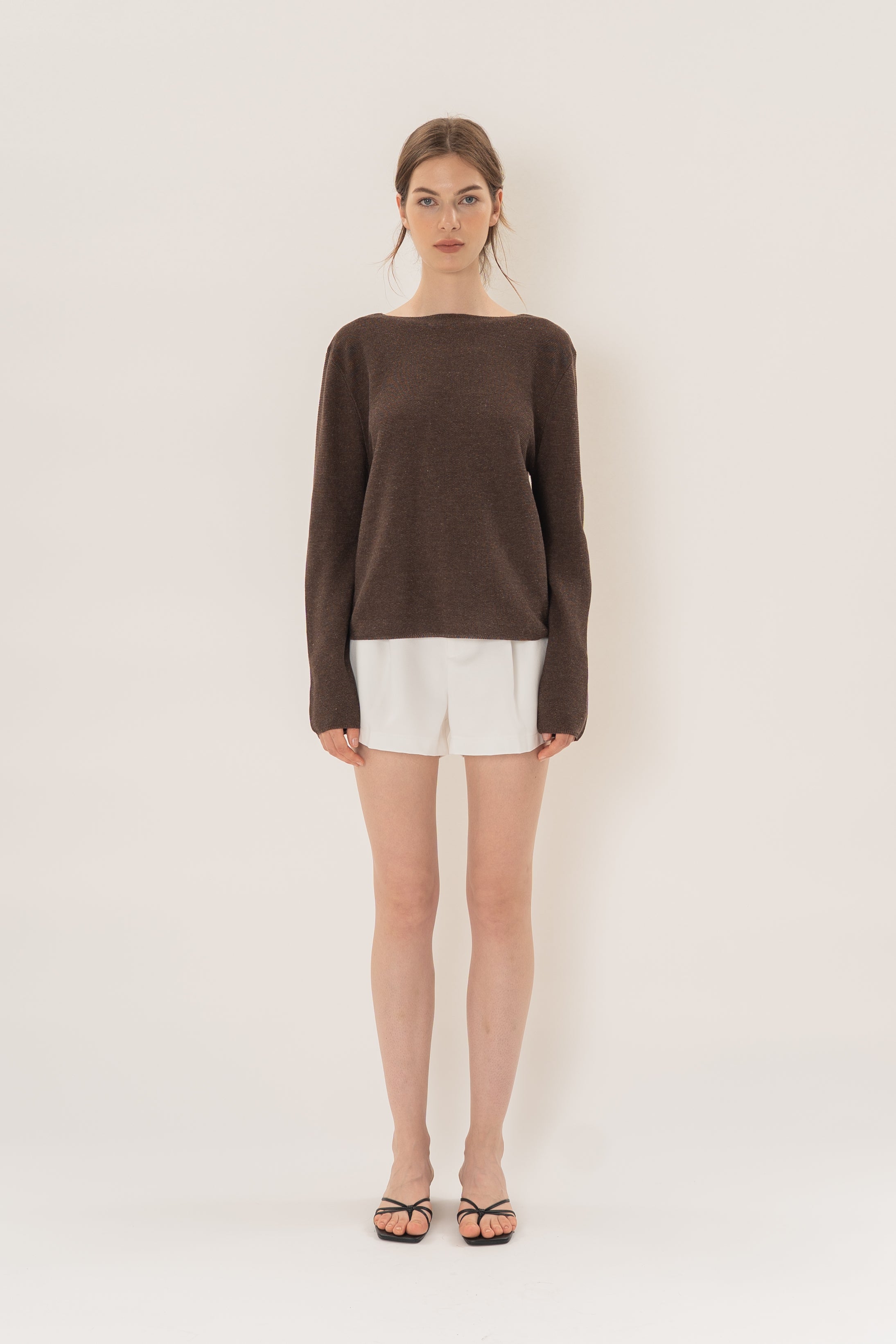Summer Knit Boat Neck Sweater in Heather Brown