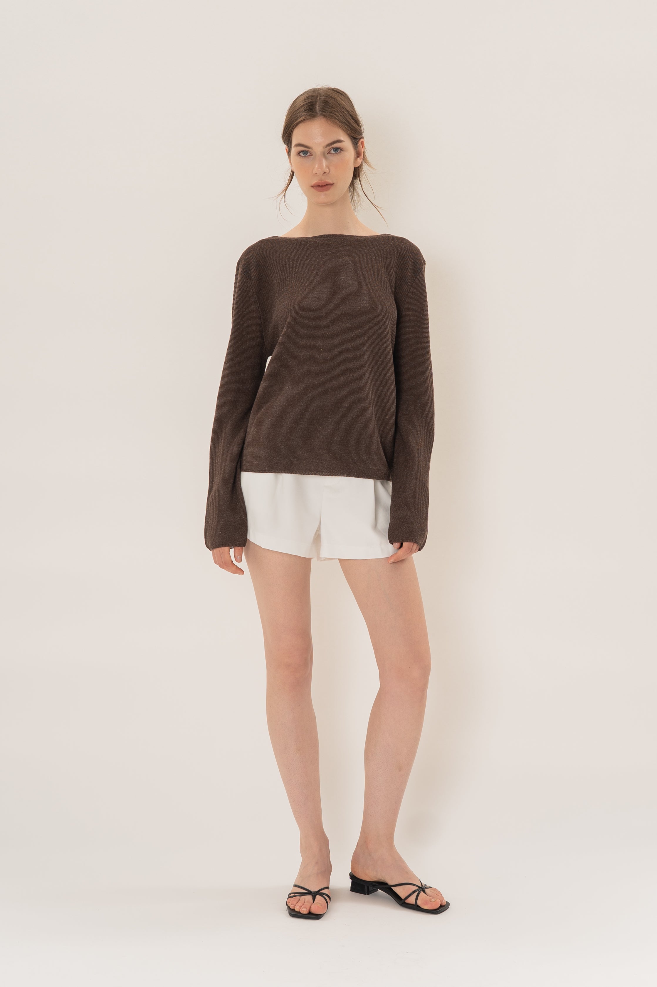 Summer Knit Boat Neck Sweater in Heather Brown