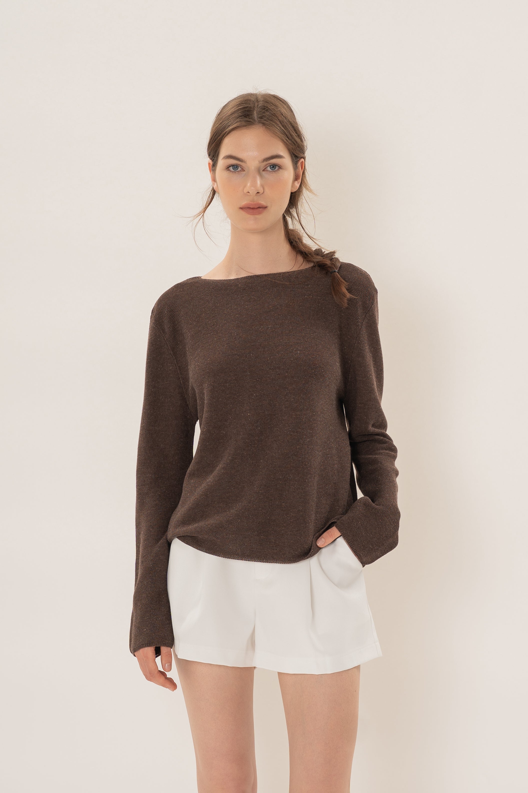 Summer Knit Boat Neck Sweater in Heather Brown