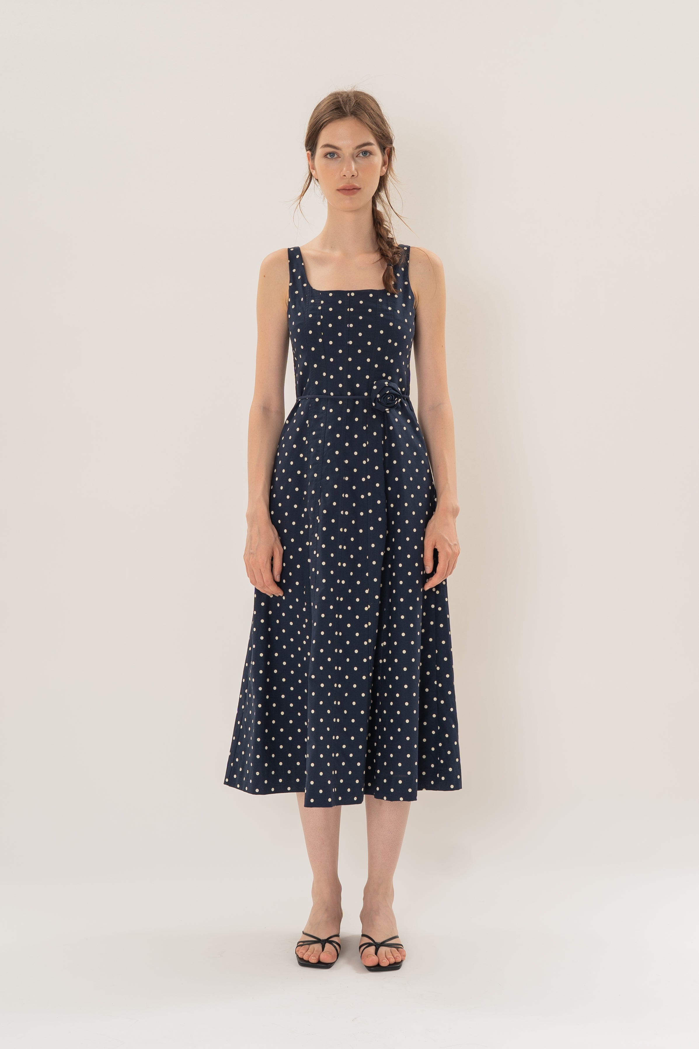 Scoop Neck Midi Dress With Floral Sash in Ivory Dot