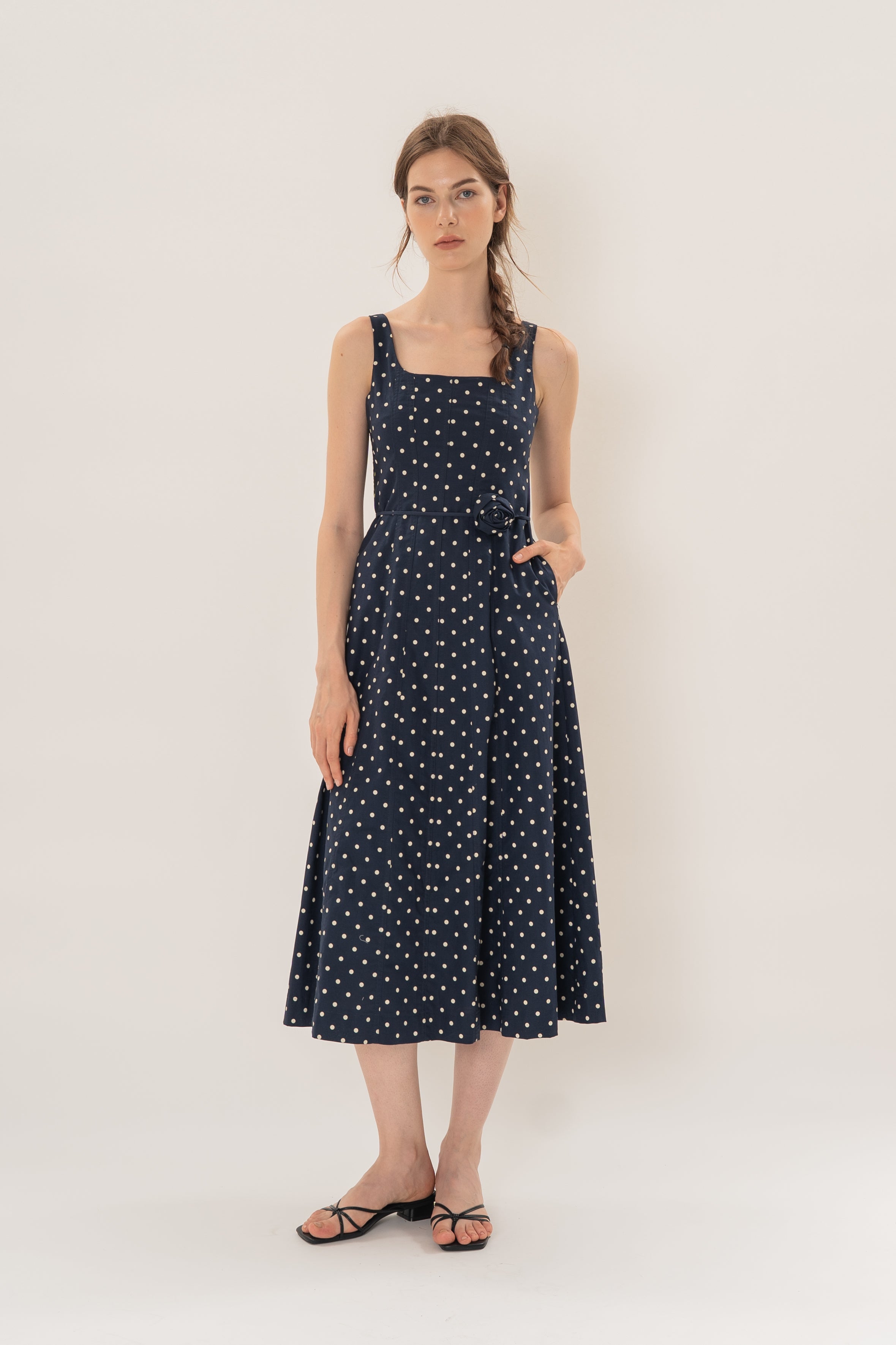 Scoop Neck Midi Dress With Floral Sash in Ivory Dot