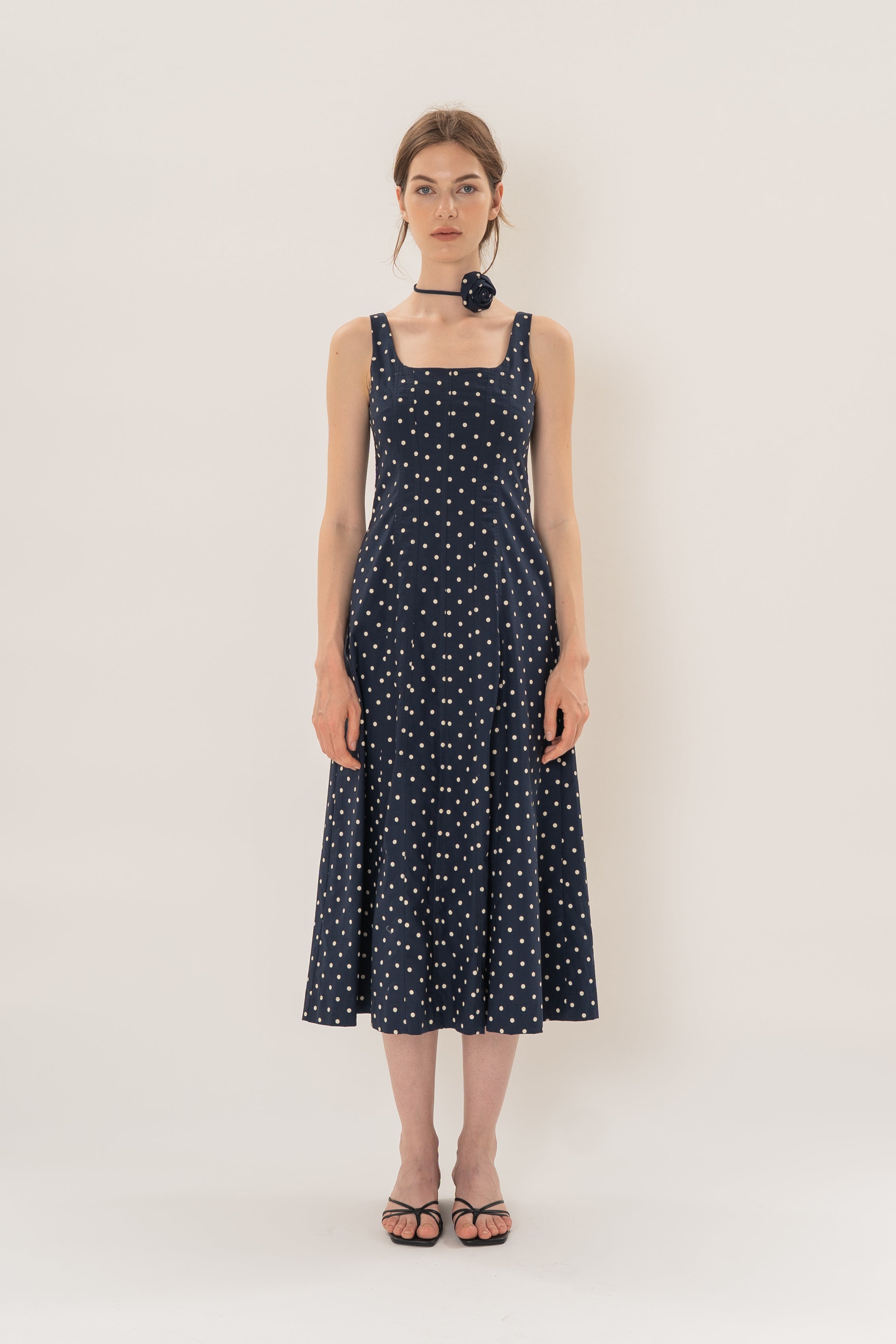Scoop Neck Midi Dress With Floral Sash in Ivory Dot