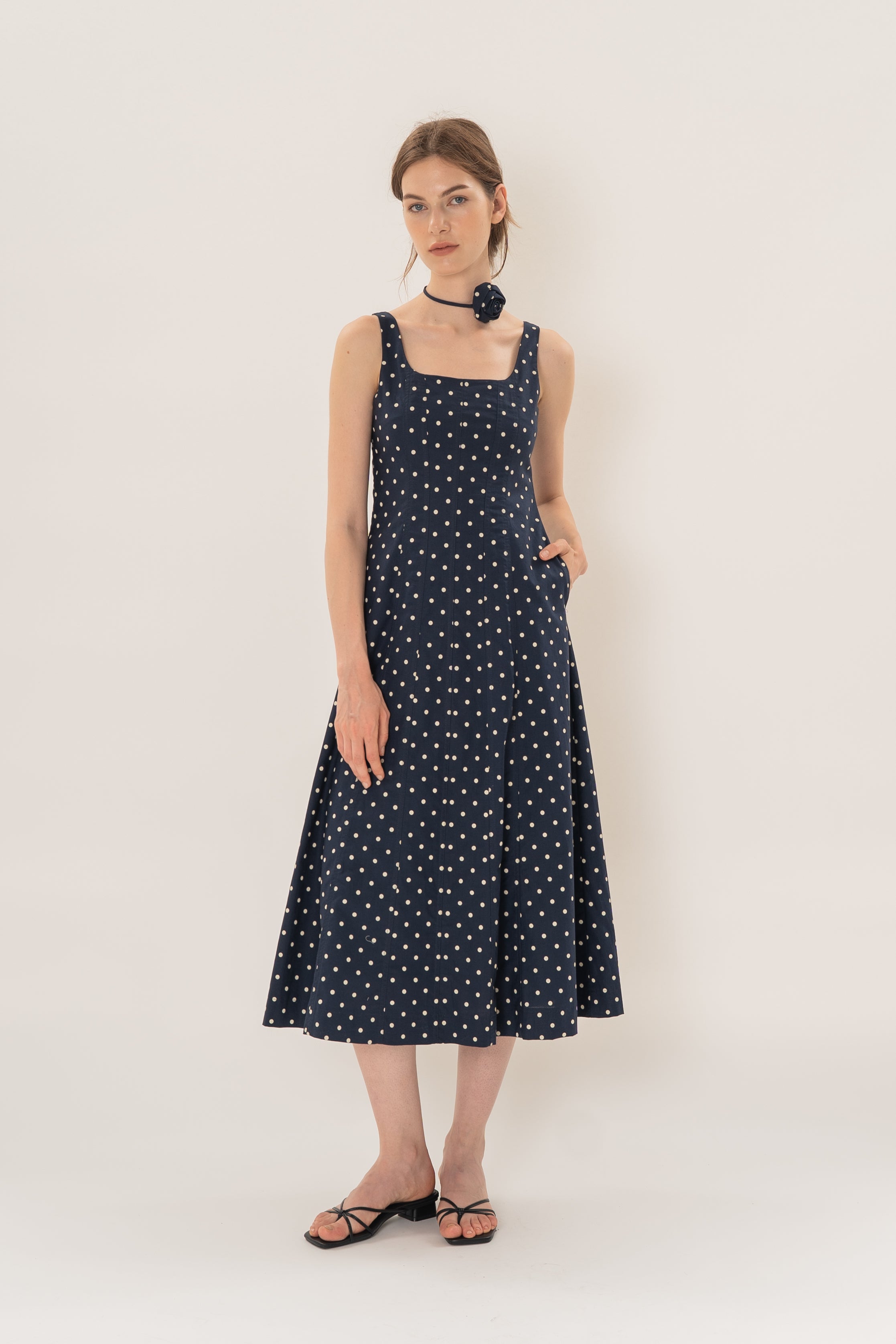 Scoop Neck Midi Dress With Floral Sash in Ivory Dot