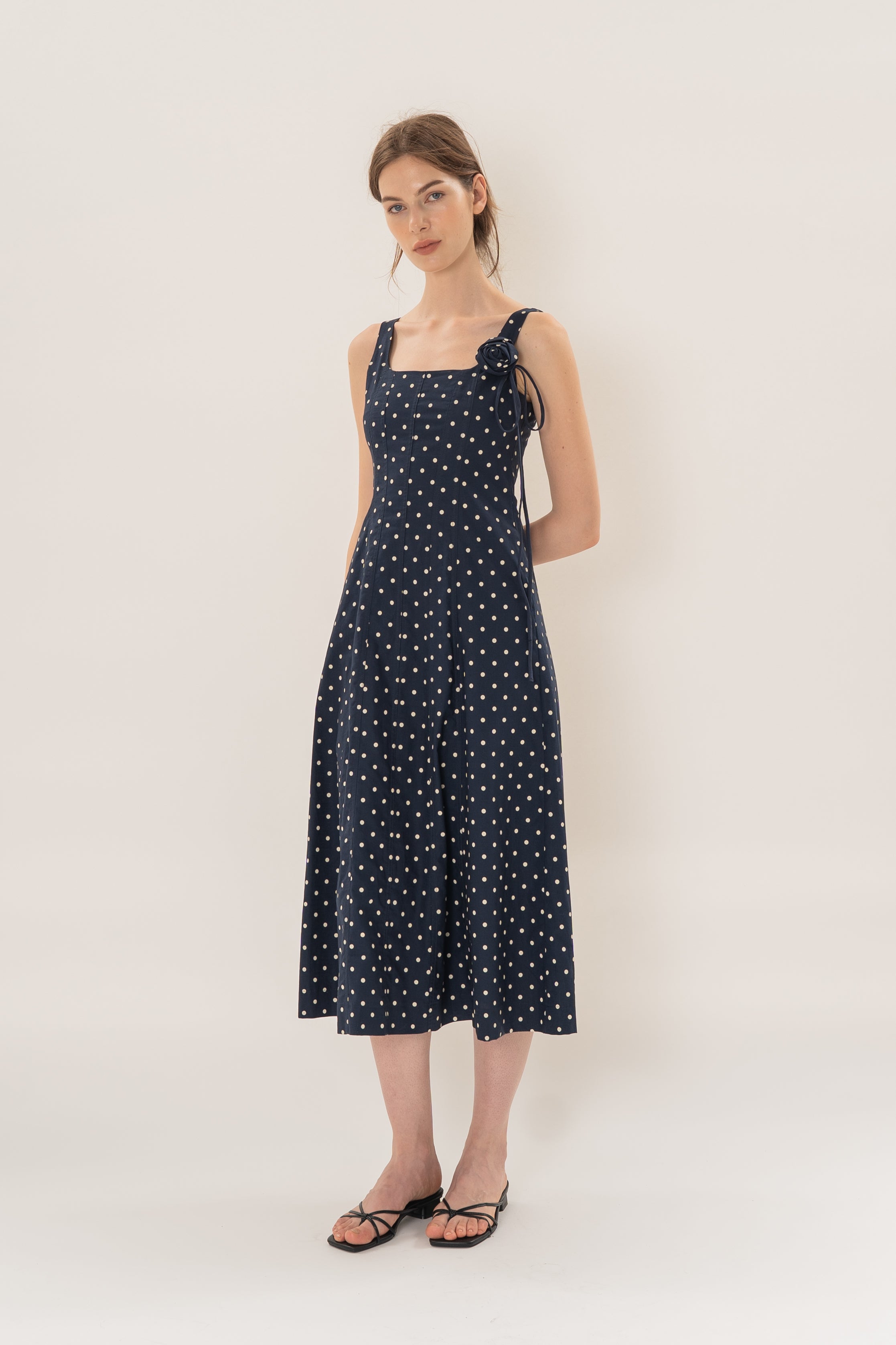 Scoop Neck Midi Dress With Floral Sash in Ivory Dot