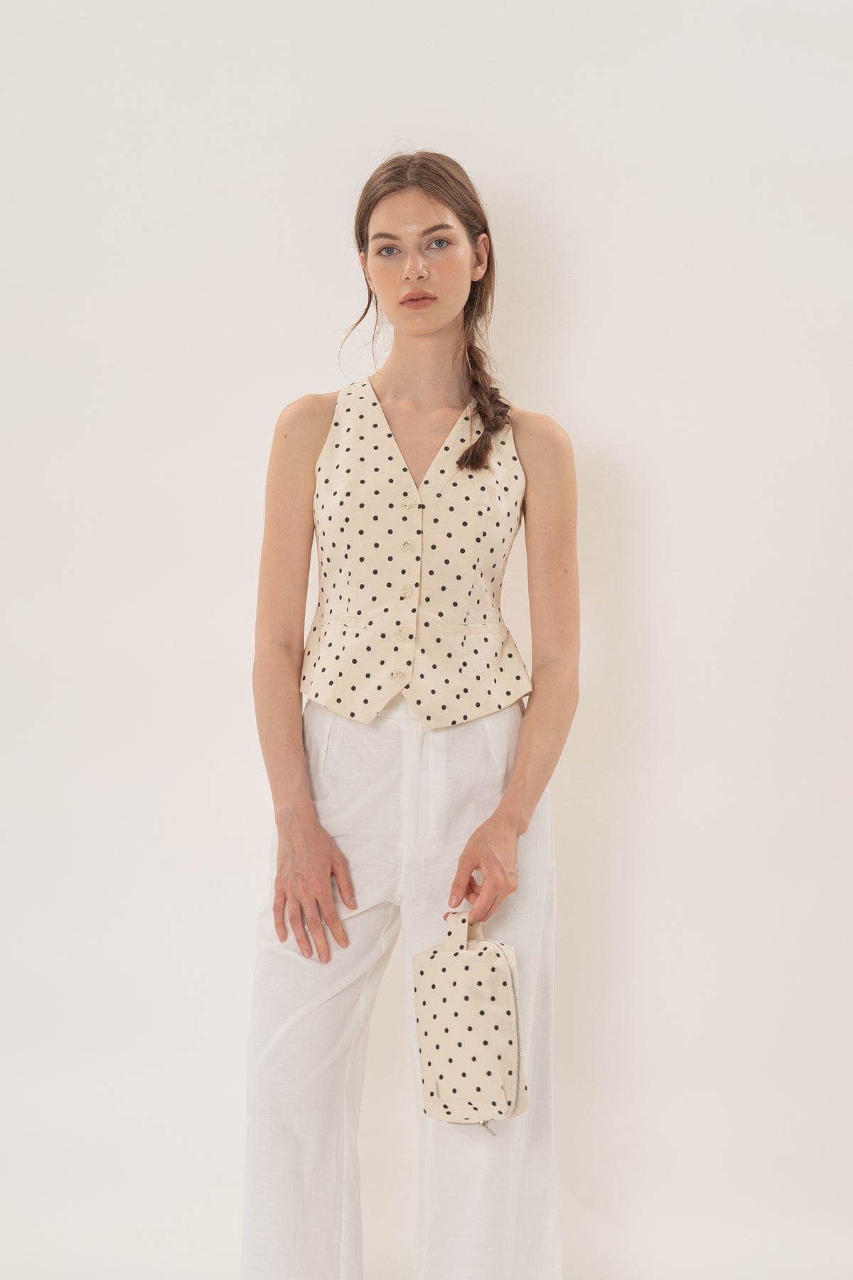 Pouch With Carrying Strap in Polka Dot Ivory