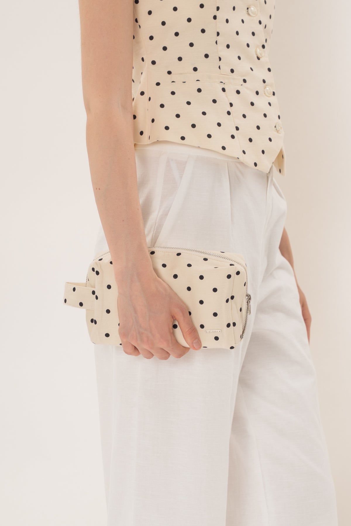 Pouch With Carrying Strap in Polka Dot Ivory