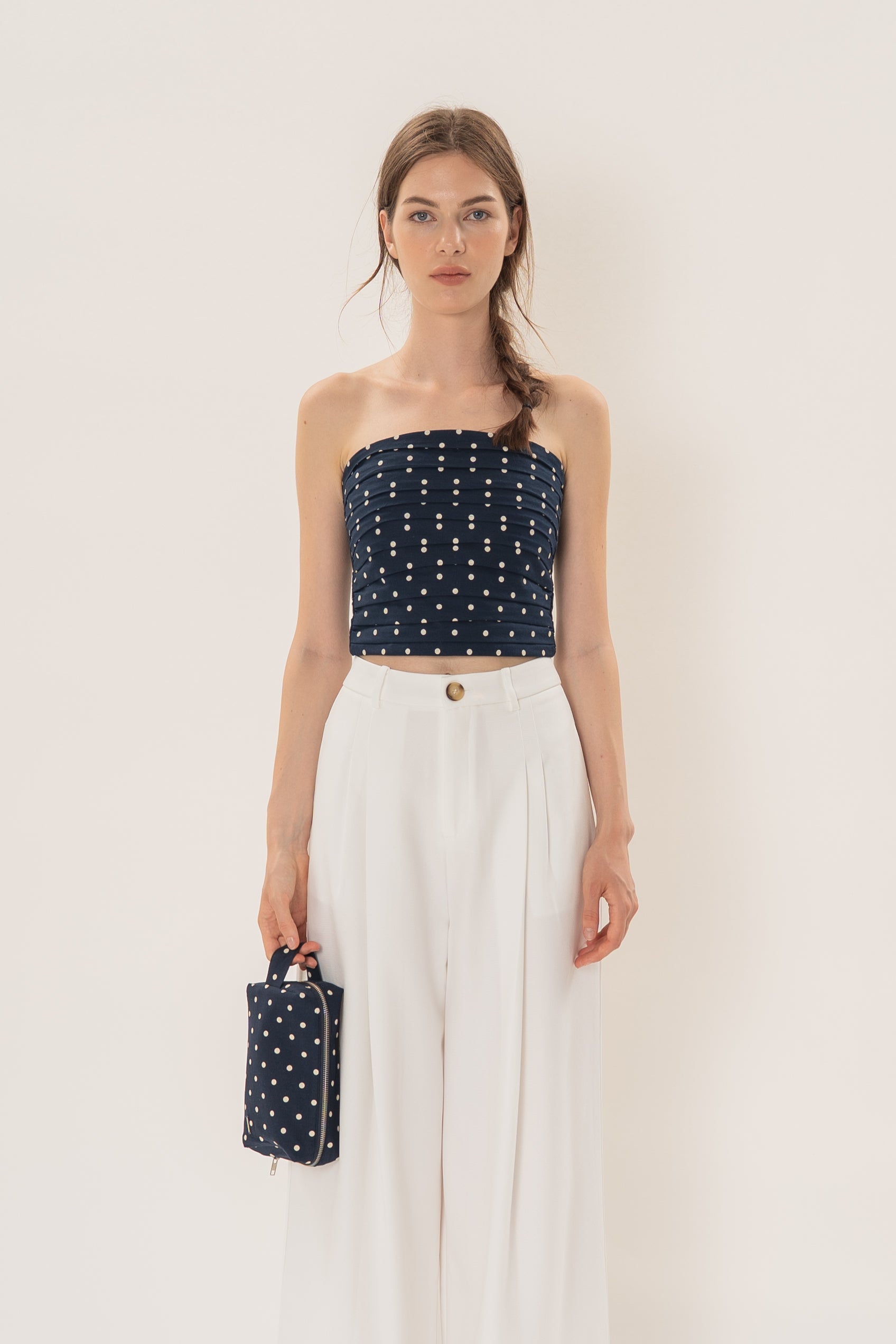 Pouch With Carrying Strap in Polka Dot Navy