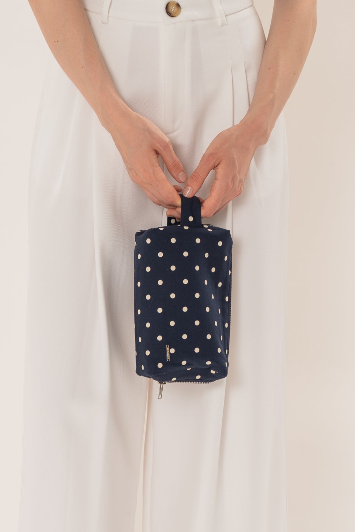 Pouch With Carrying Strap in Polka Dot Navy