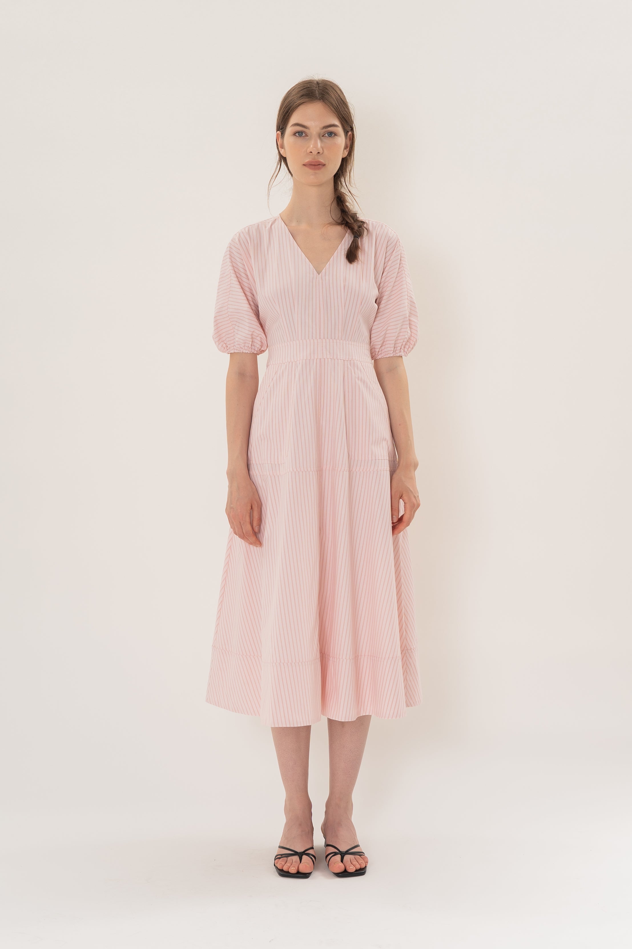 V Neck Stitchline Midi Dress in Roseate Stripe