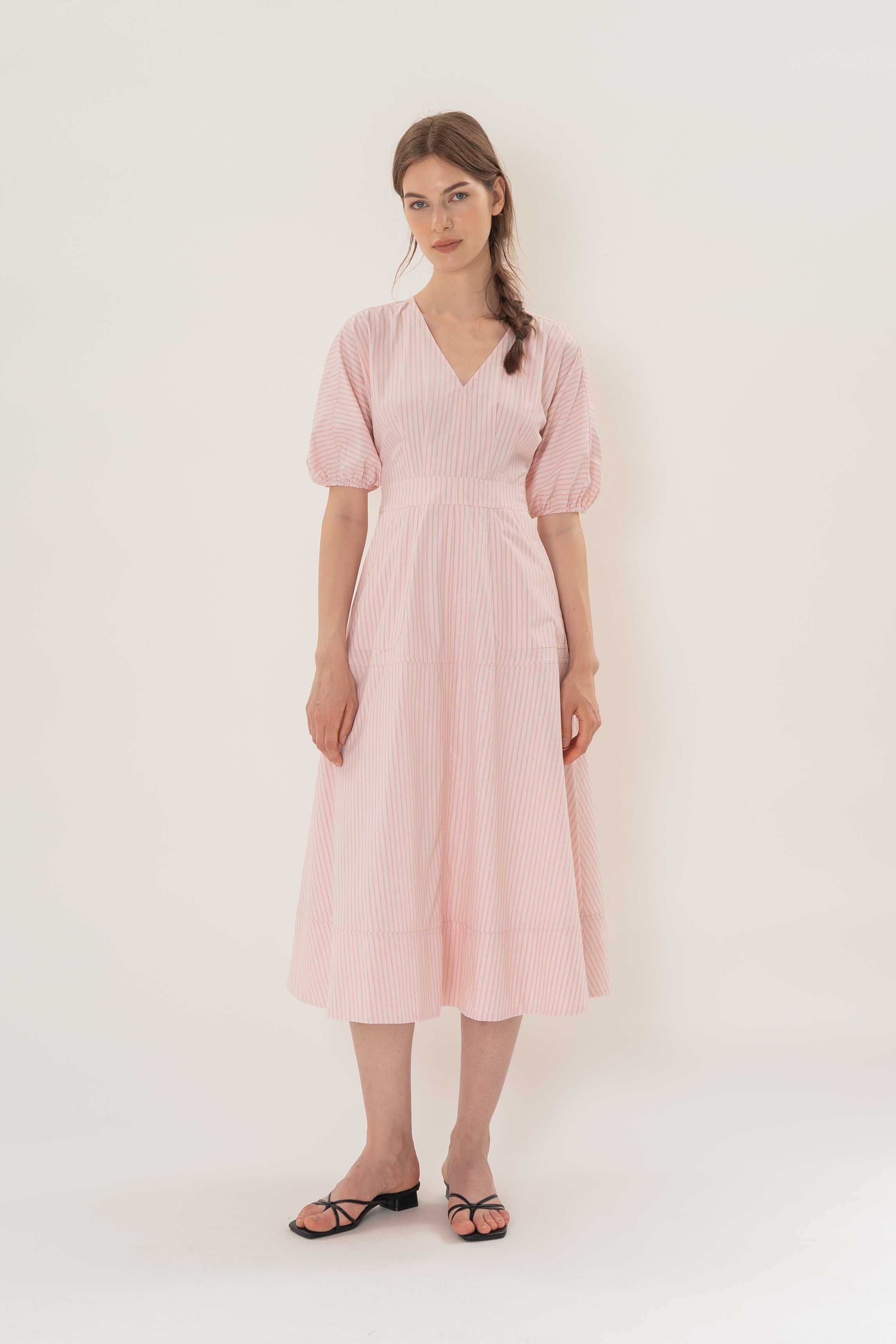 V Neck Stitchline Midi Dress in Roseate Stripe