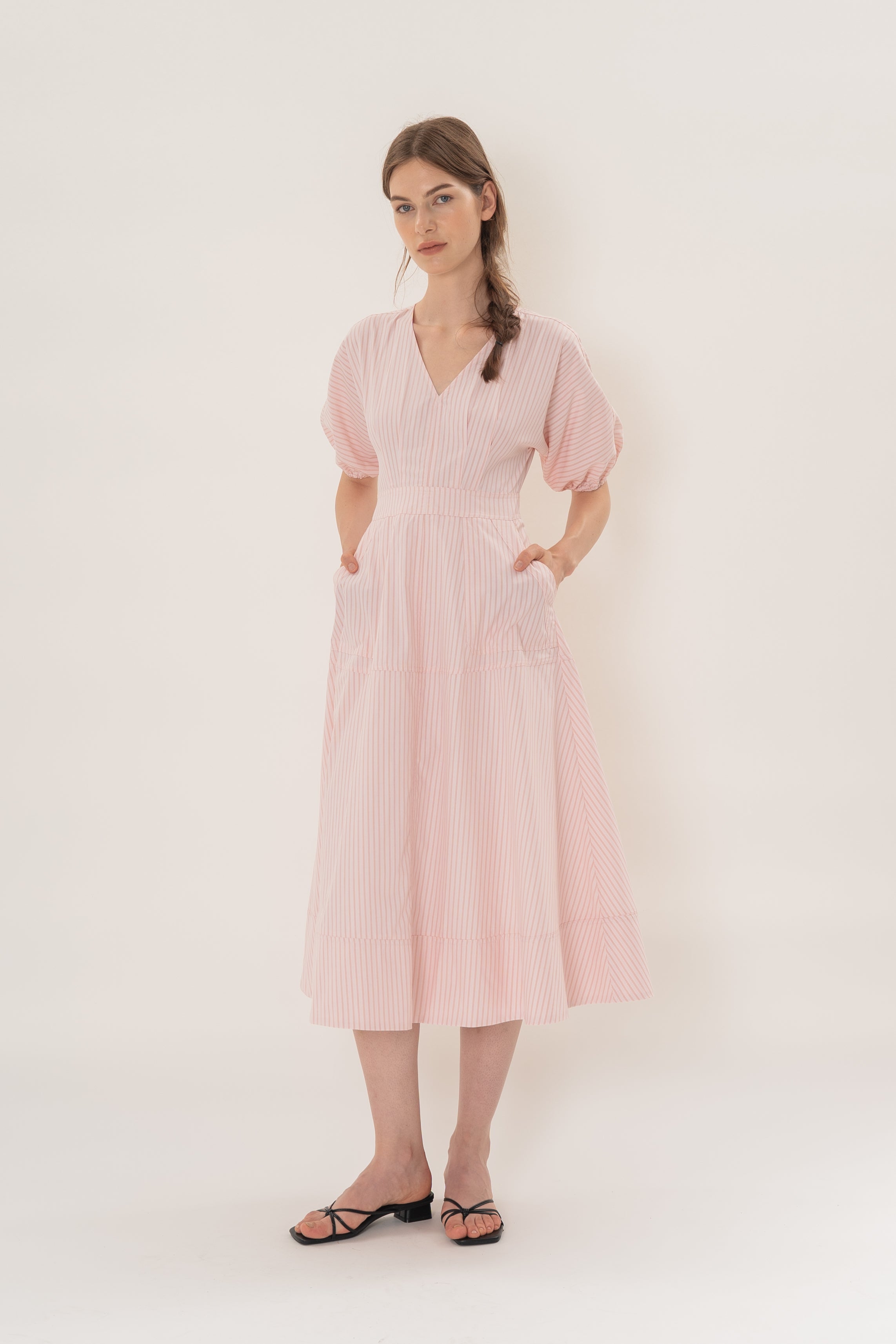 V Neck Stitchline Midi Dress in Roseate Stripe