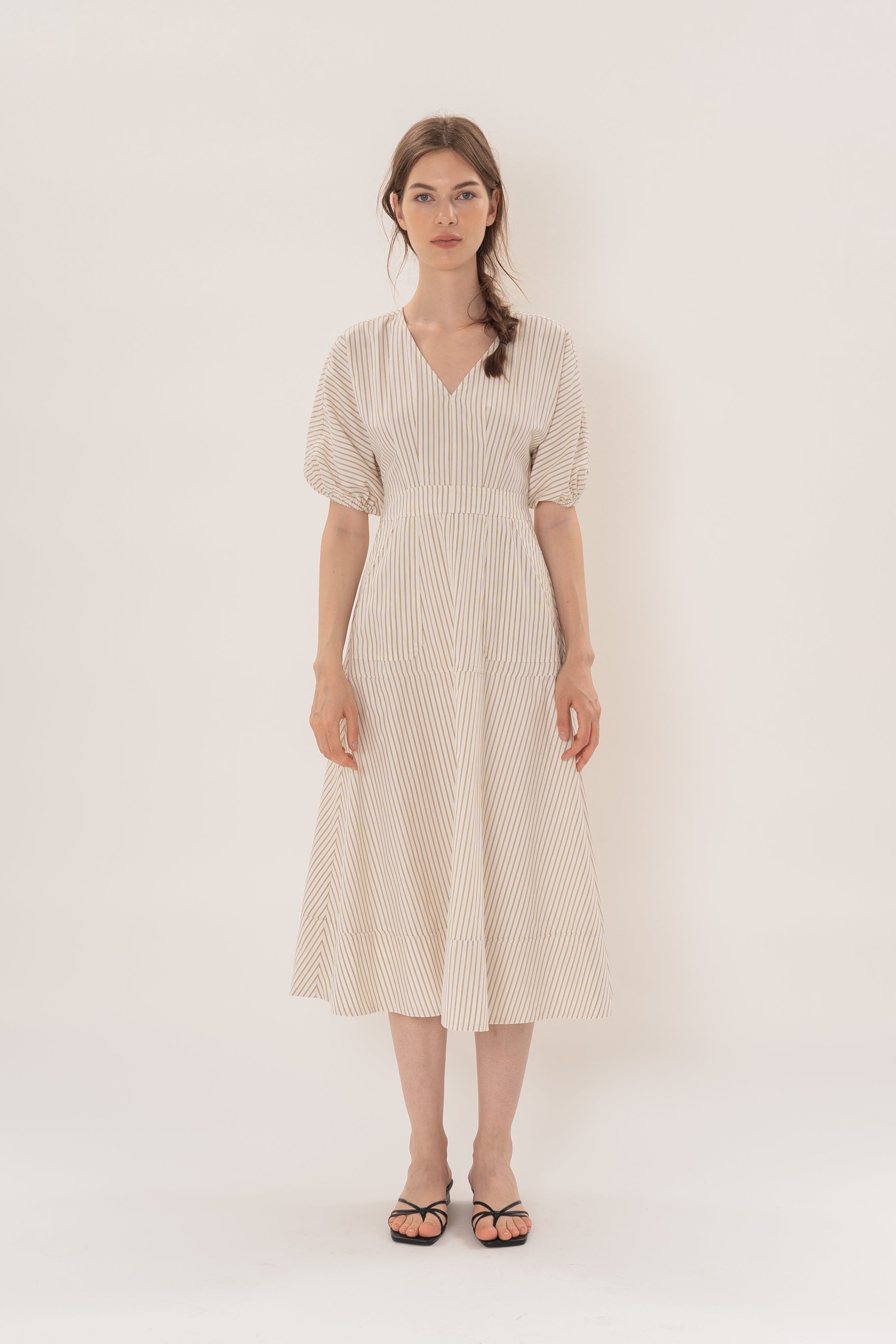 V Neck Stitchline Midi Dress in Tan Stripe