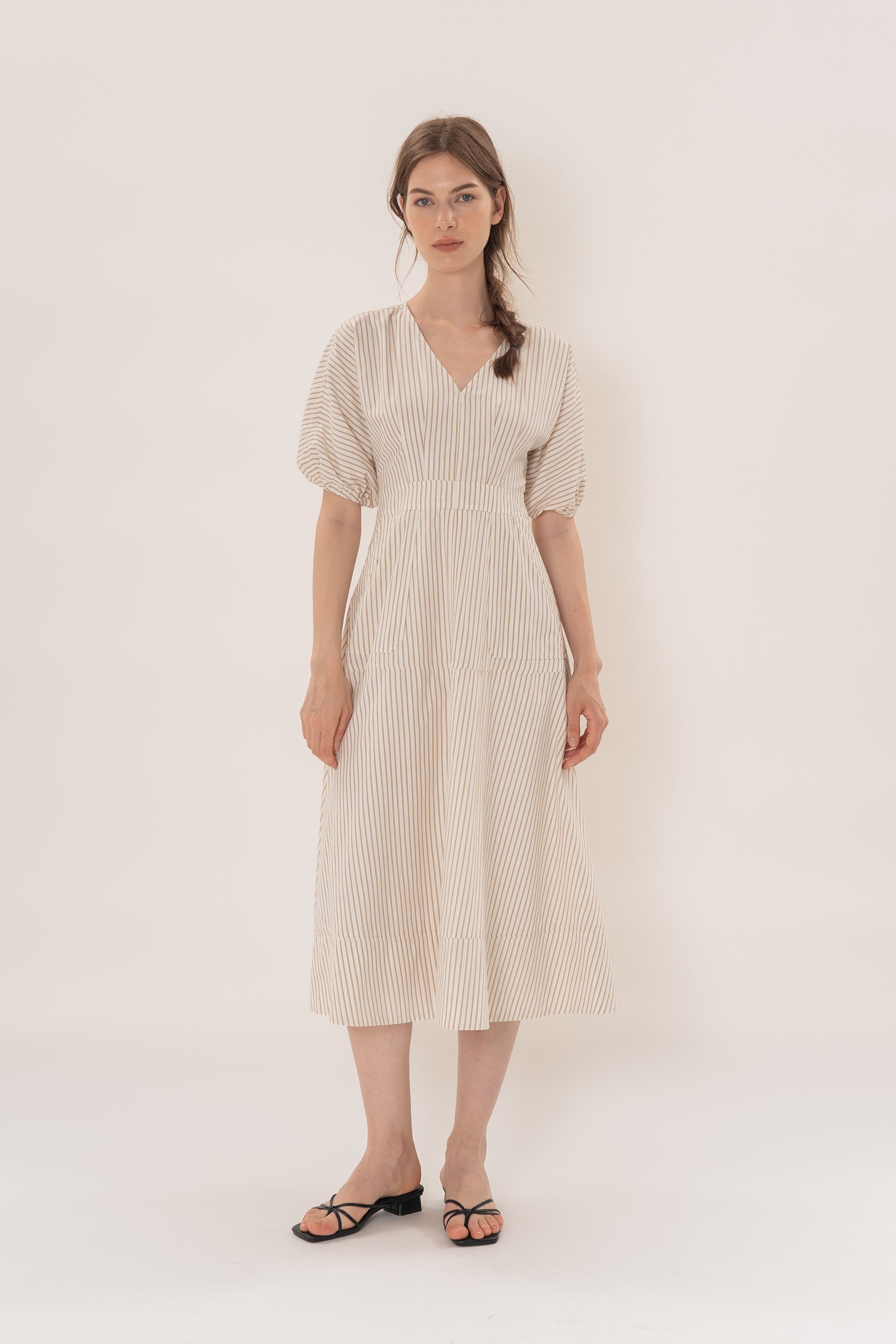 V Neck Stitchline Midi Dress in Tan Stripe
