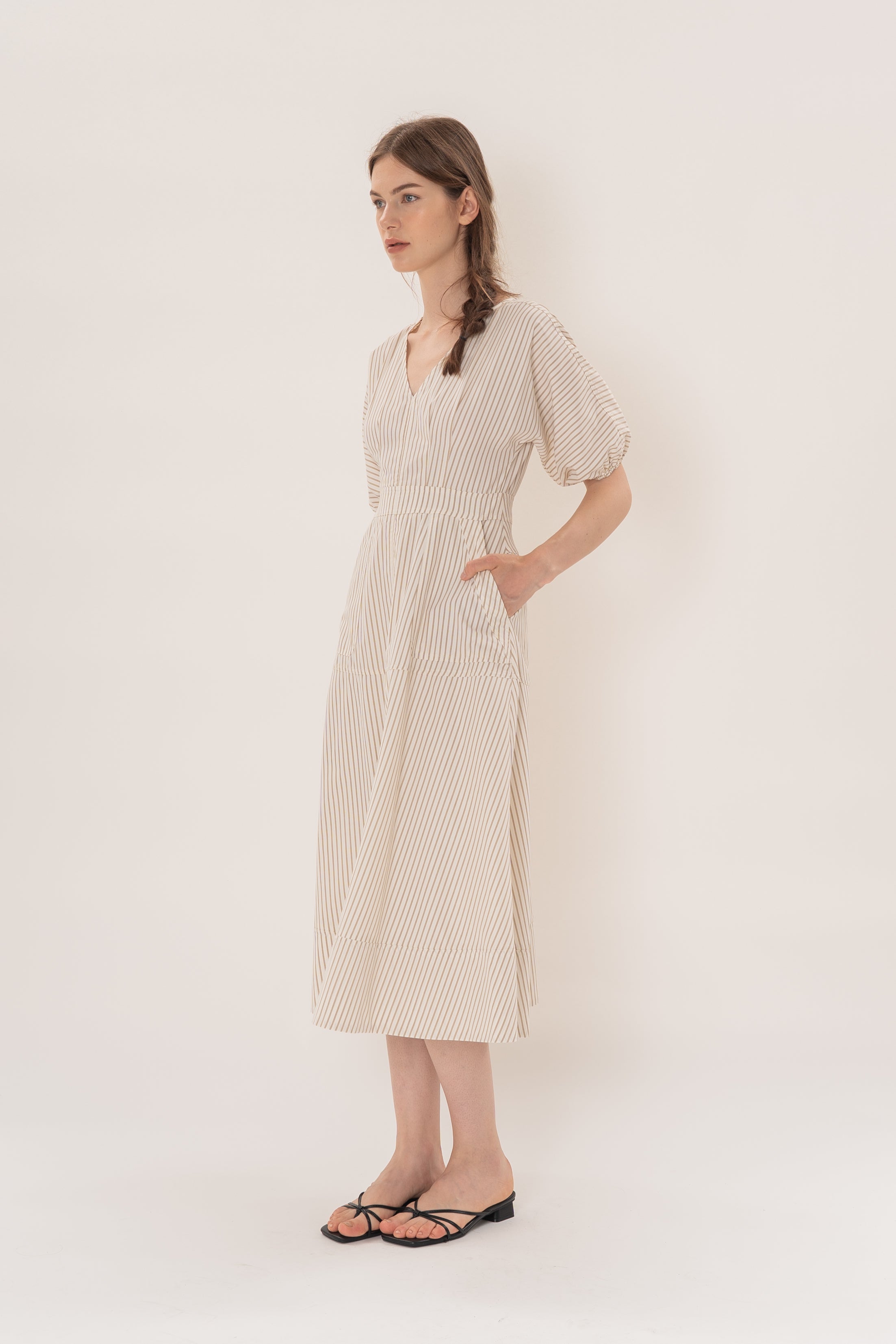 V Neck Stitchline Midi Dress in Tan Stripe