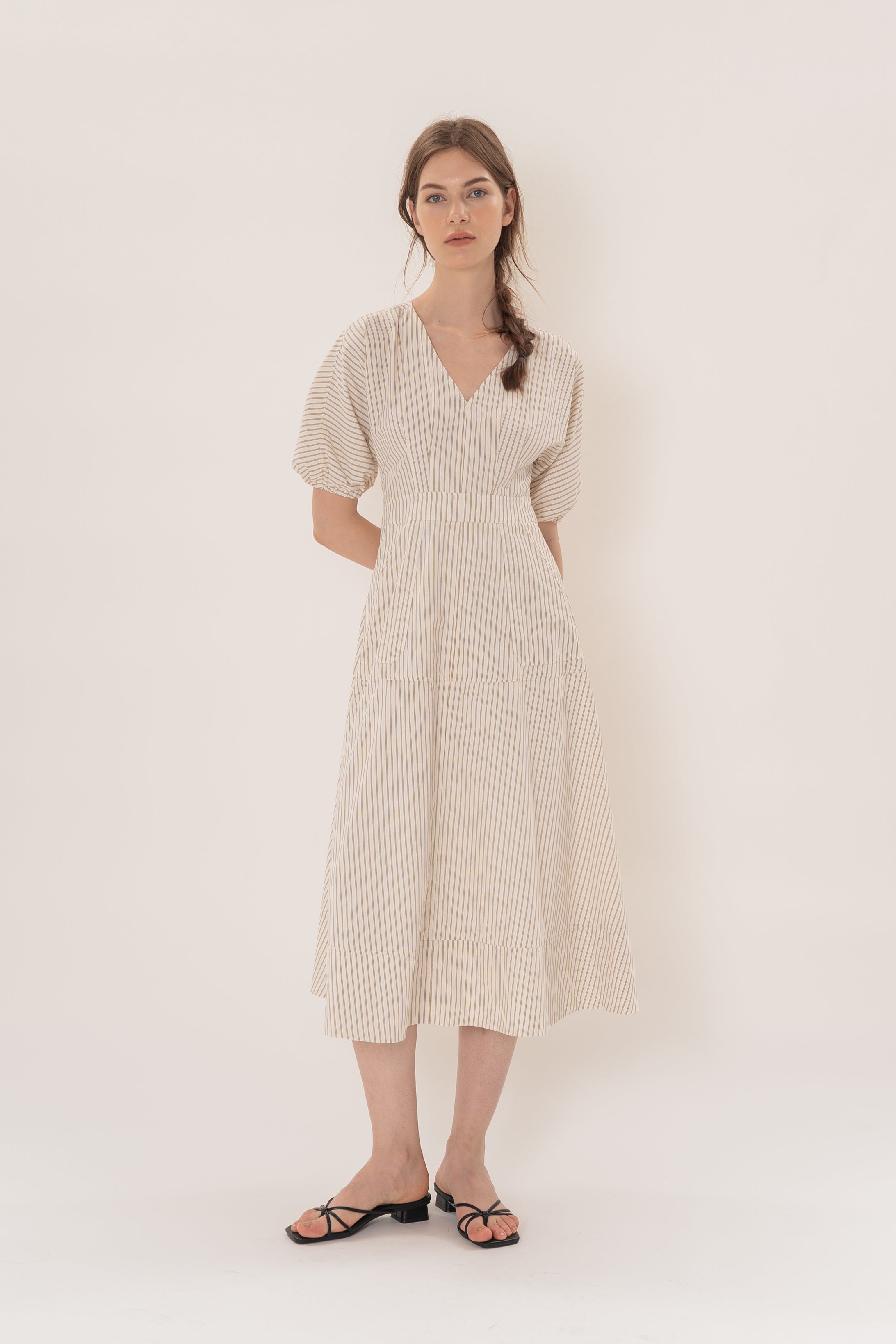 V Neck Stitchline Midi Dress in Tan Stripe