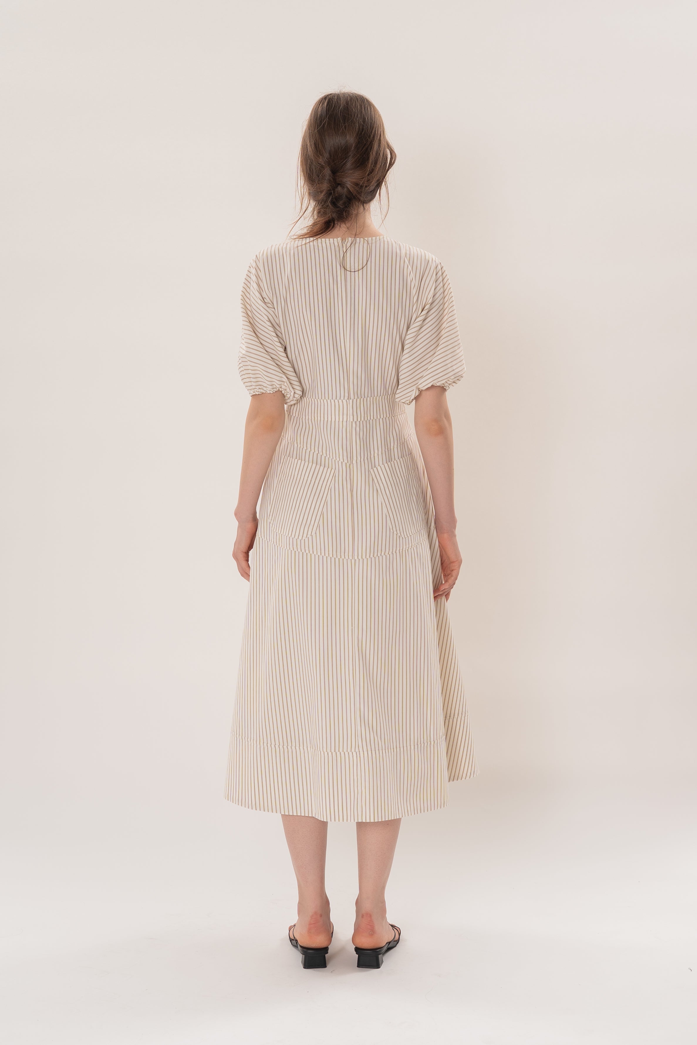 V Neck Stitchline Midi Dress in Tan Stripe