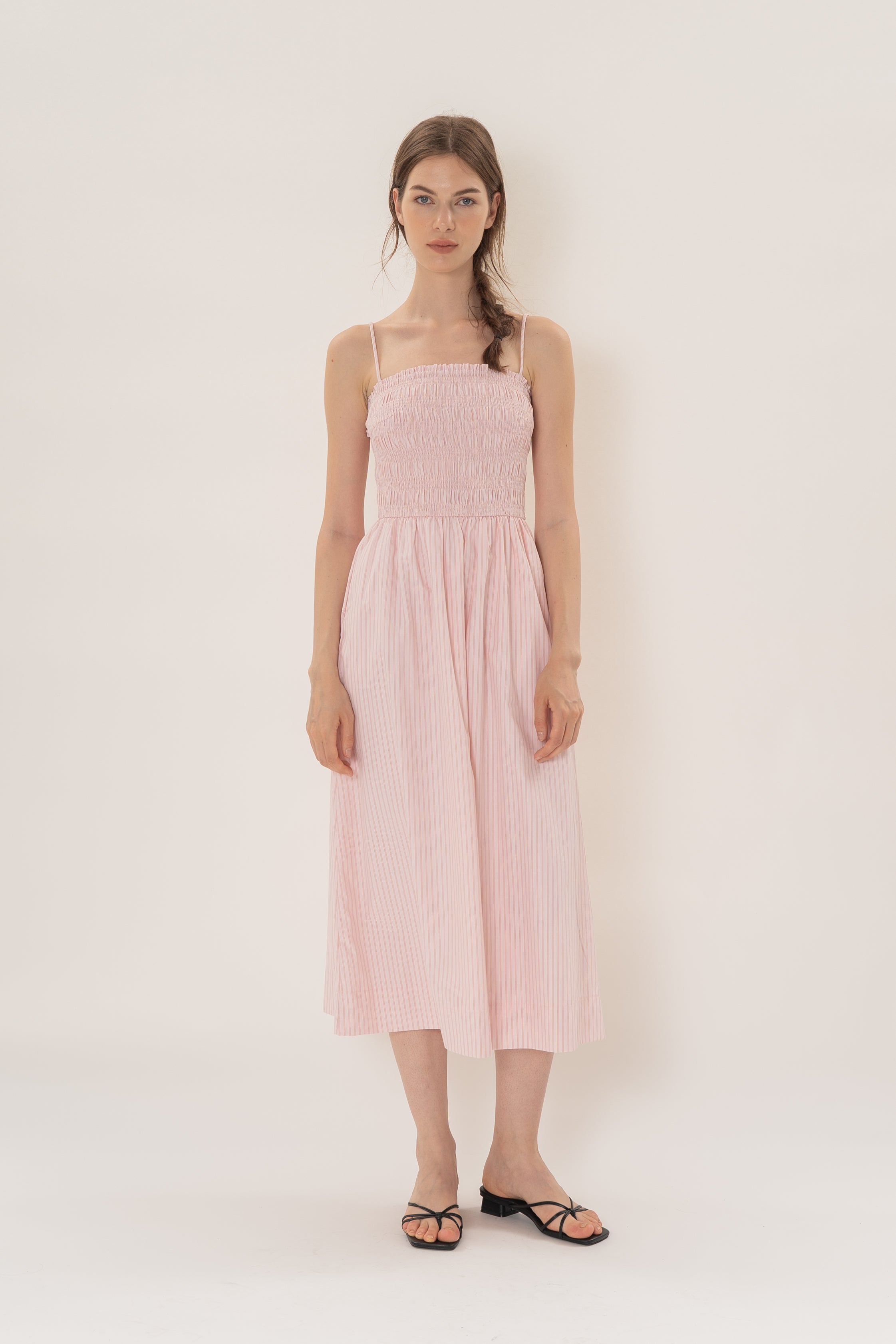 Cami Shirred Midi Dress in Roseate Stripe