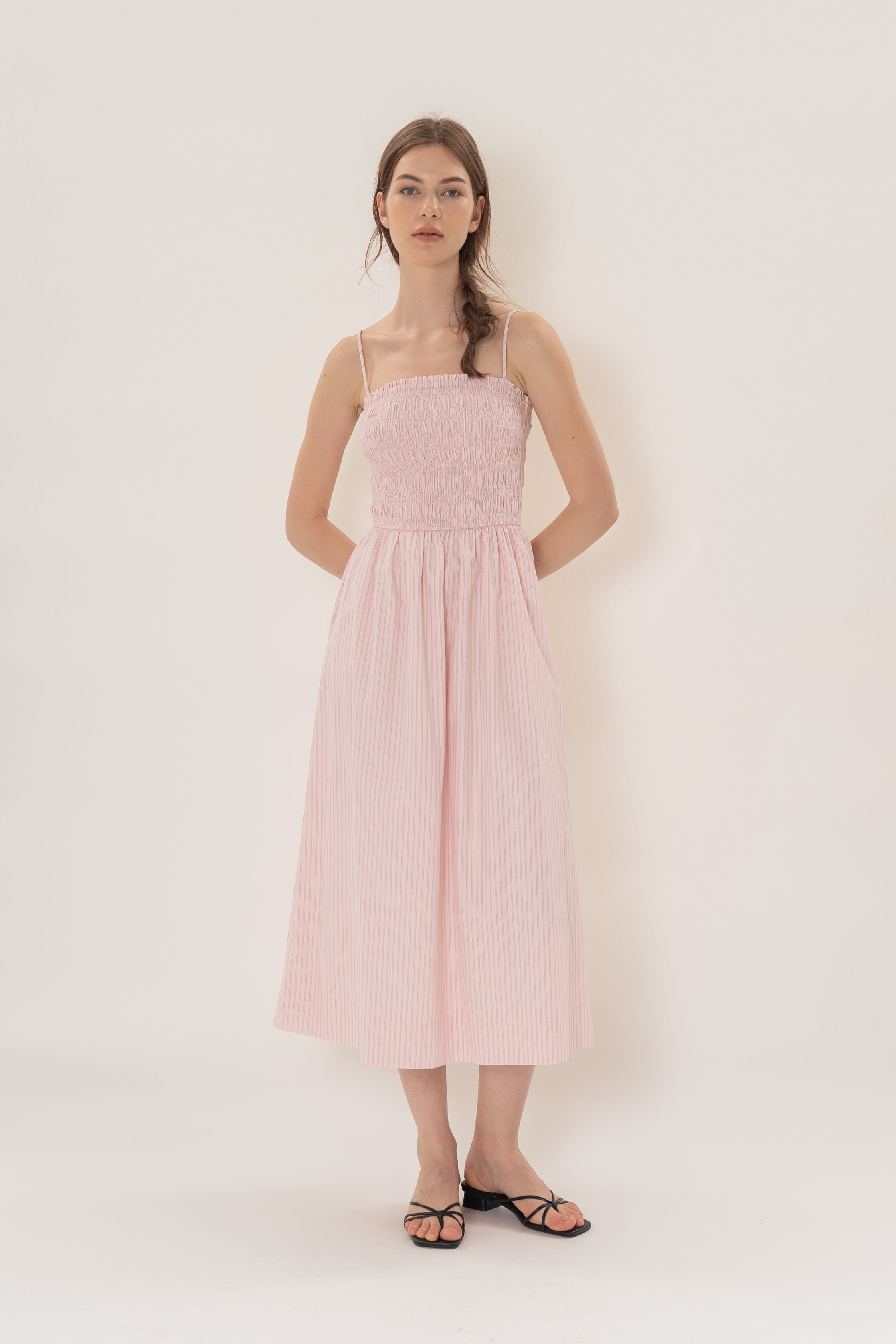 Cami Shirred Midi Dress in Roseate Stripe
