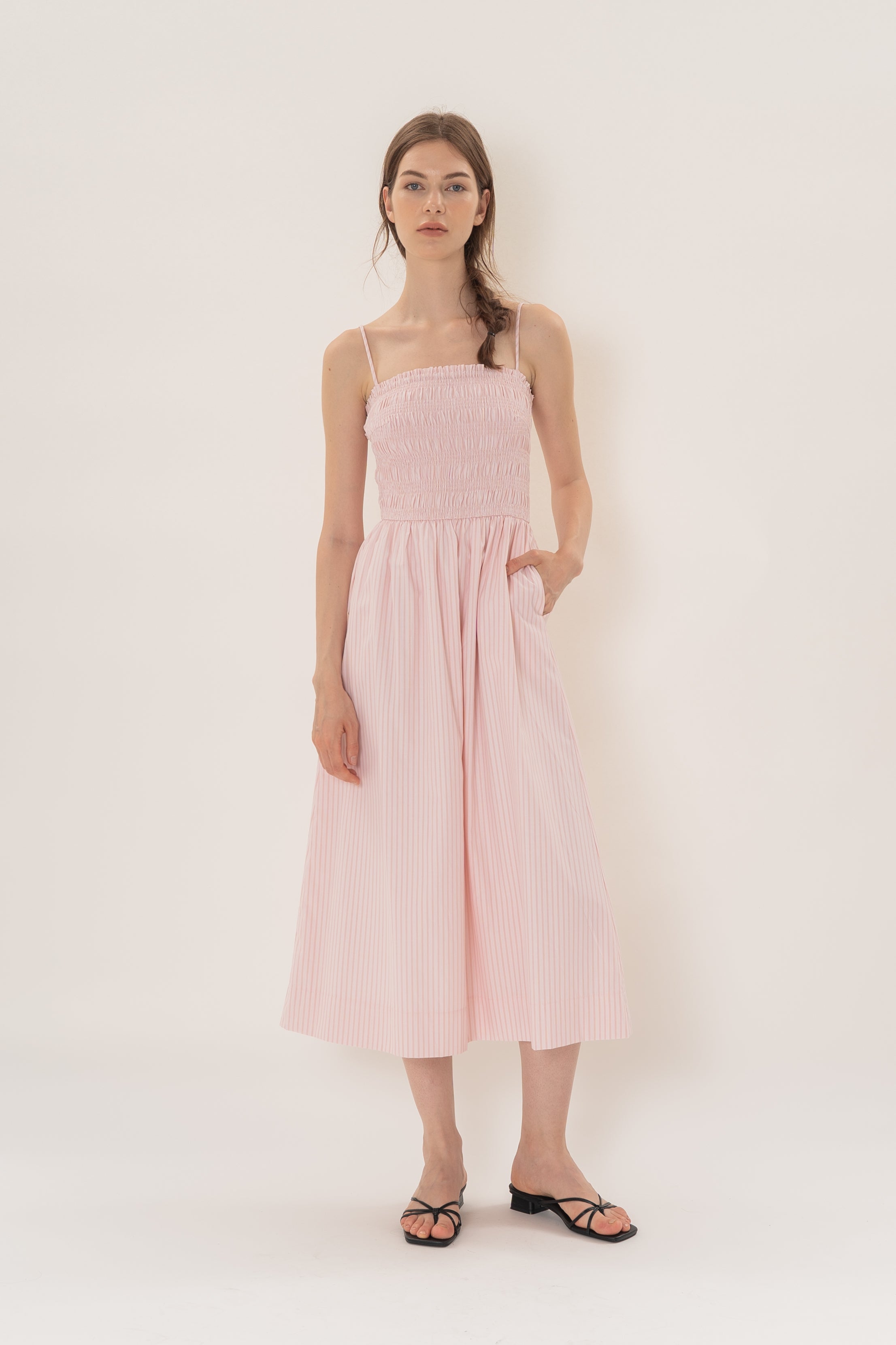 Cami Shirred Midi Dress in Roseate Stripe