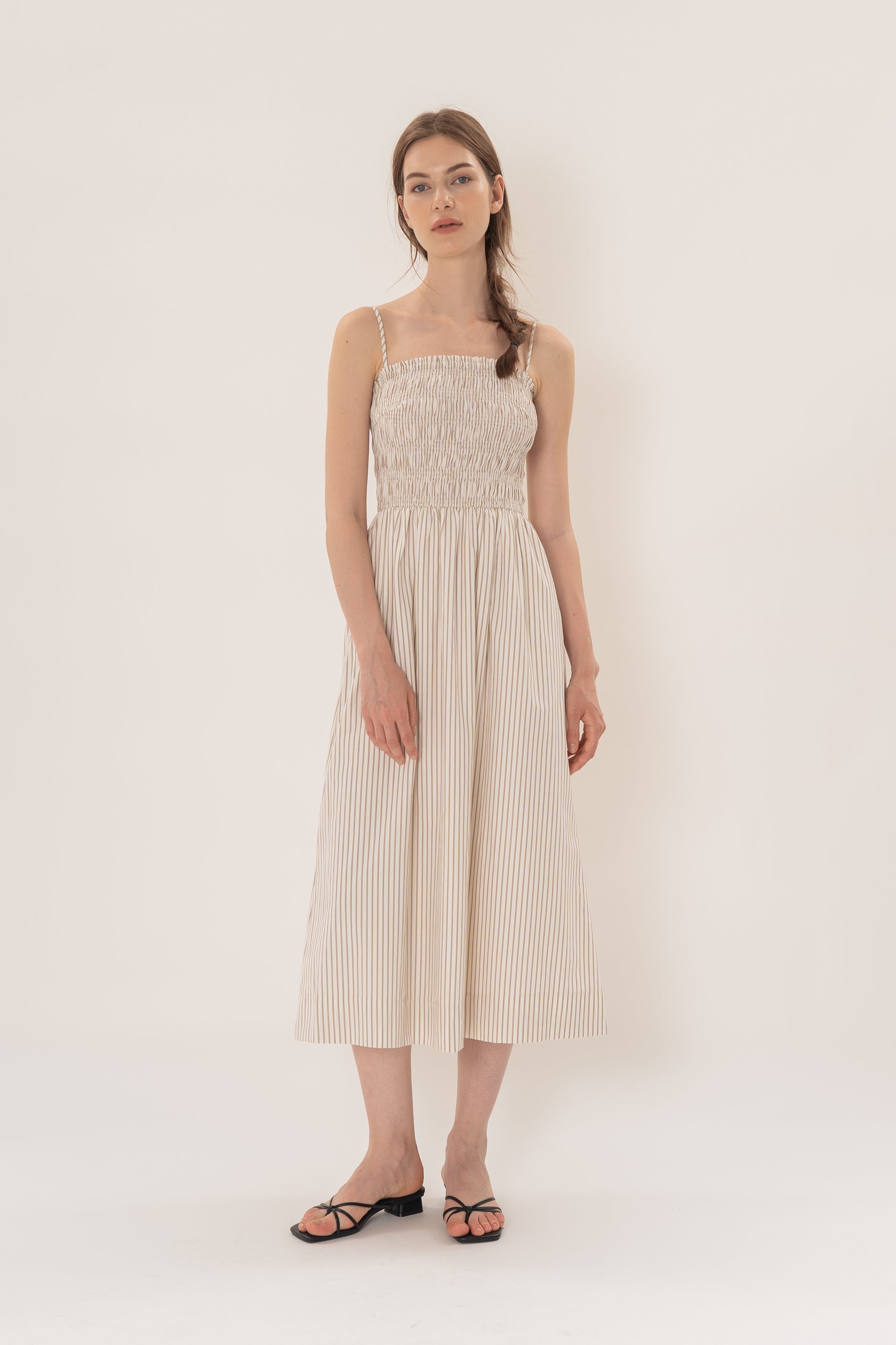 Cami Shirred Midi Dress in Tan Stripe