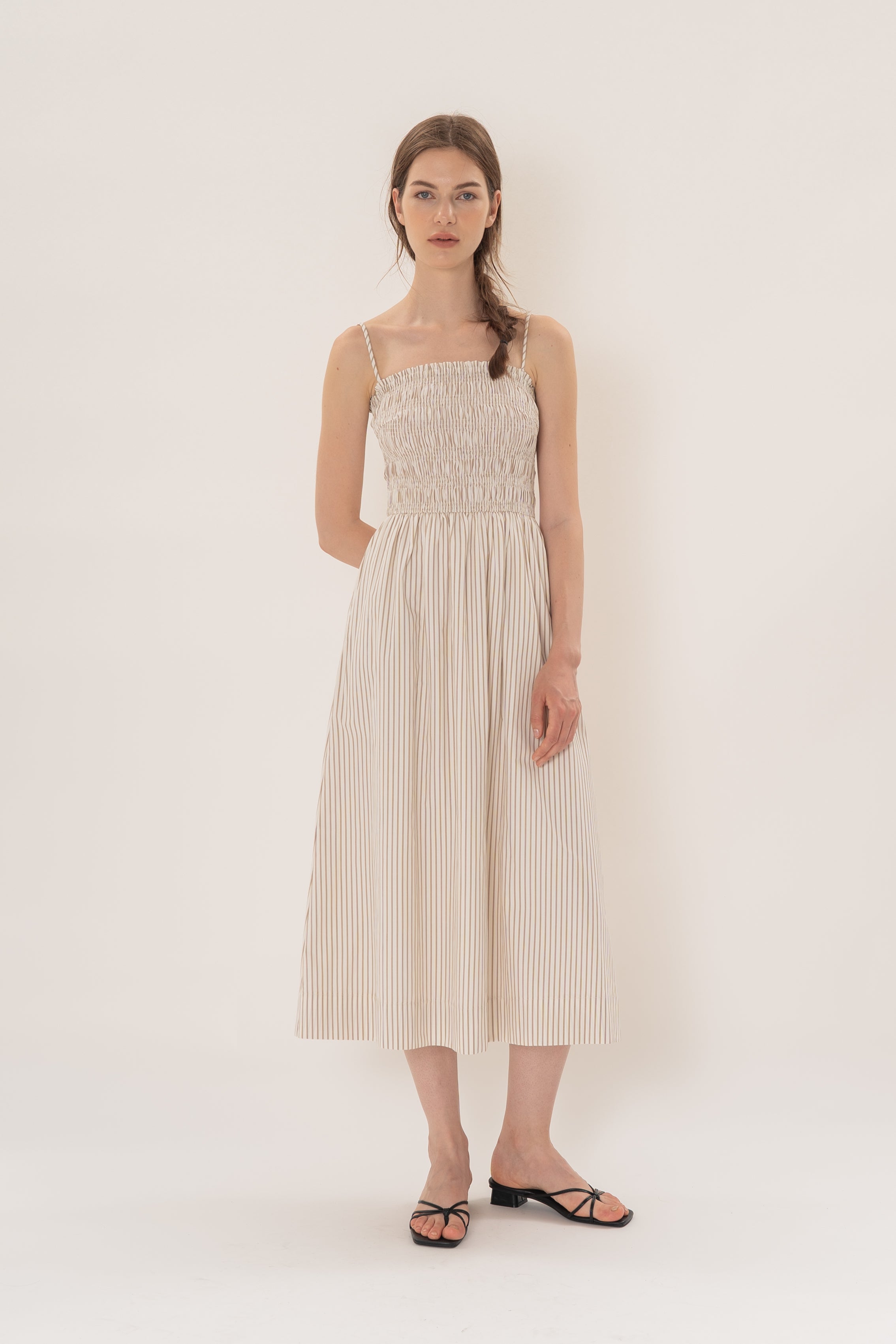 Cami Shirred Midi Dress in Tan Stripe
