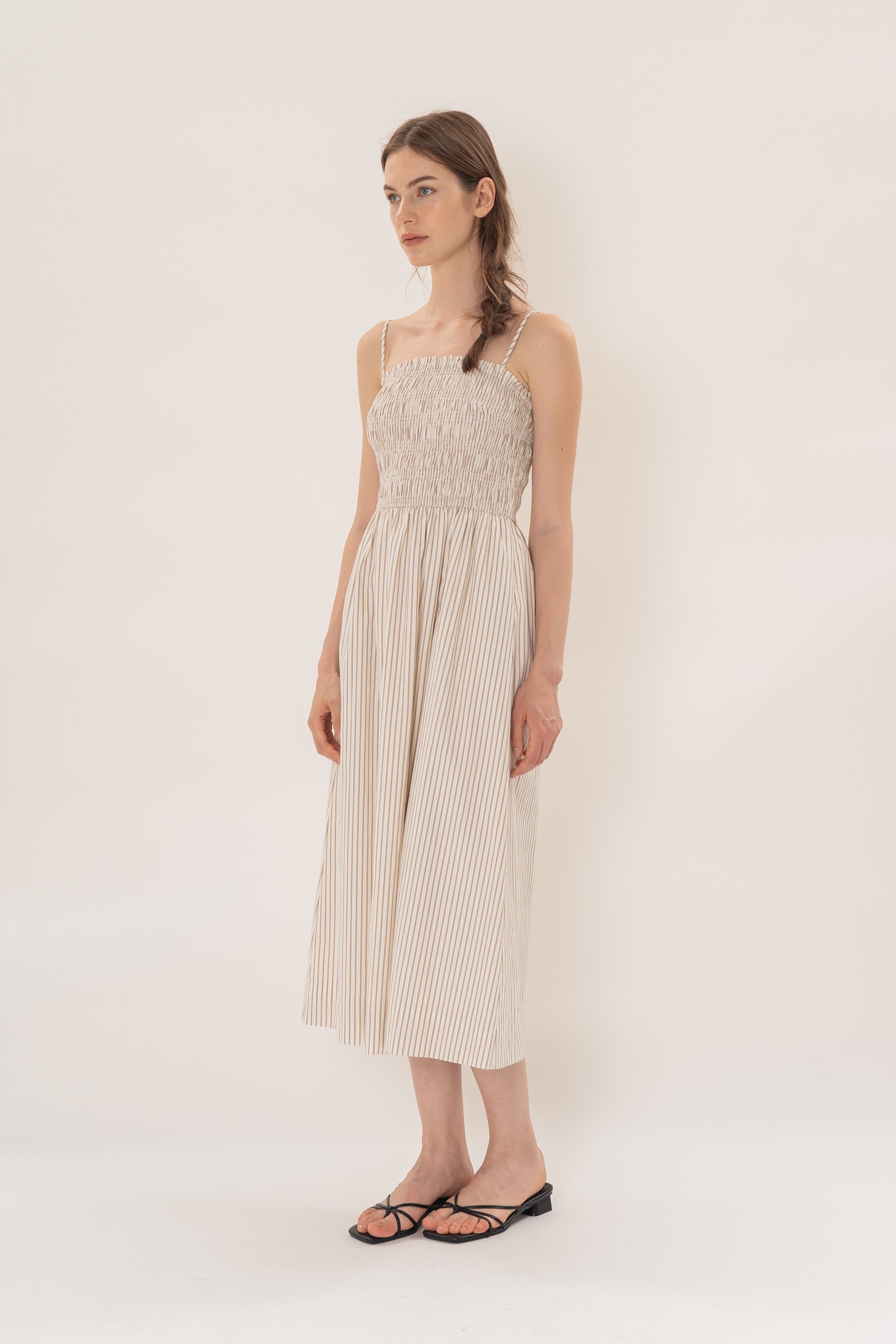 Cami Shirred Midi Dress in Tan Stripe