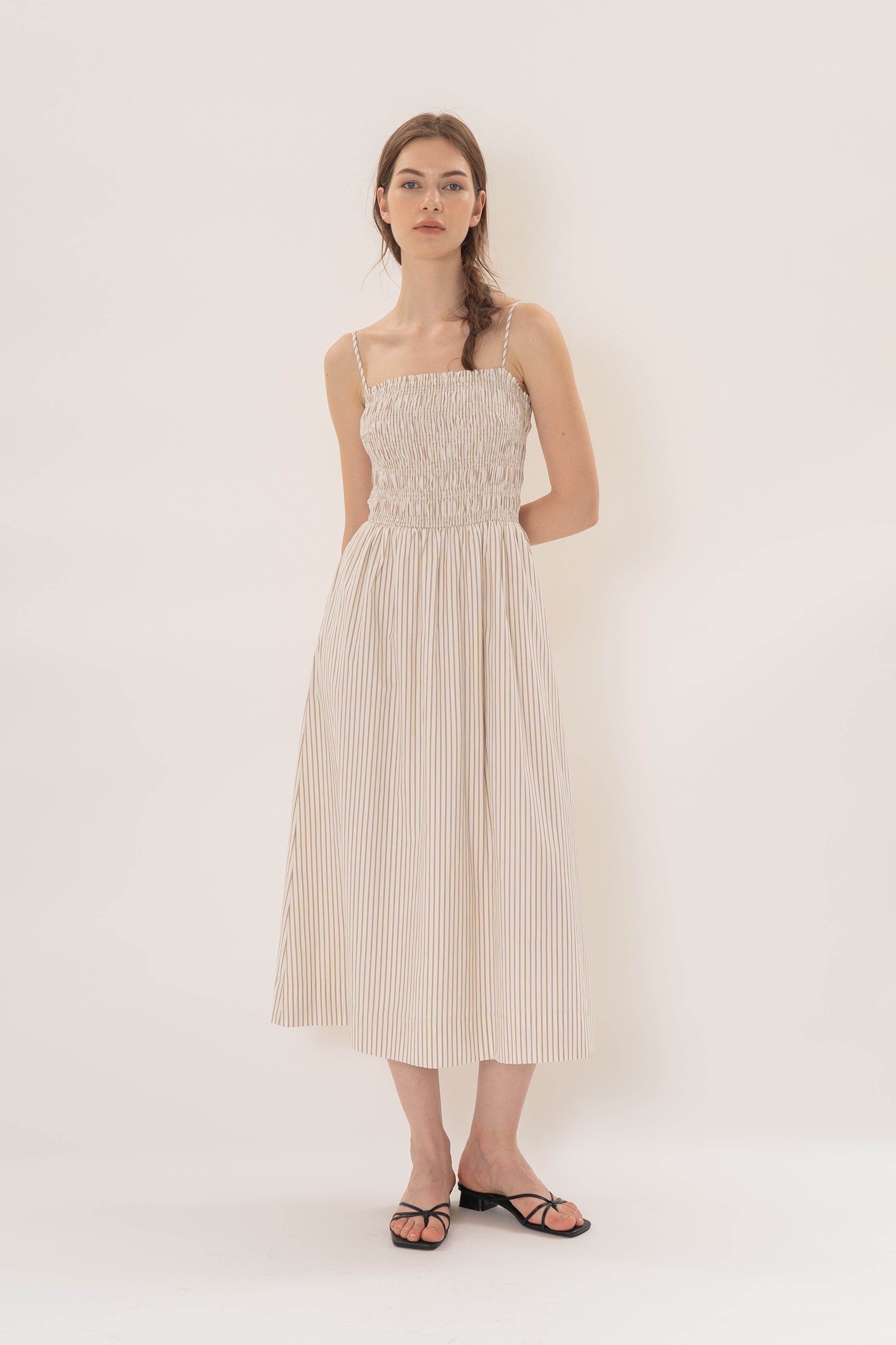 Cami Shirred Midi Dress in Tan Stripe