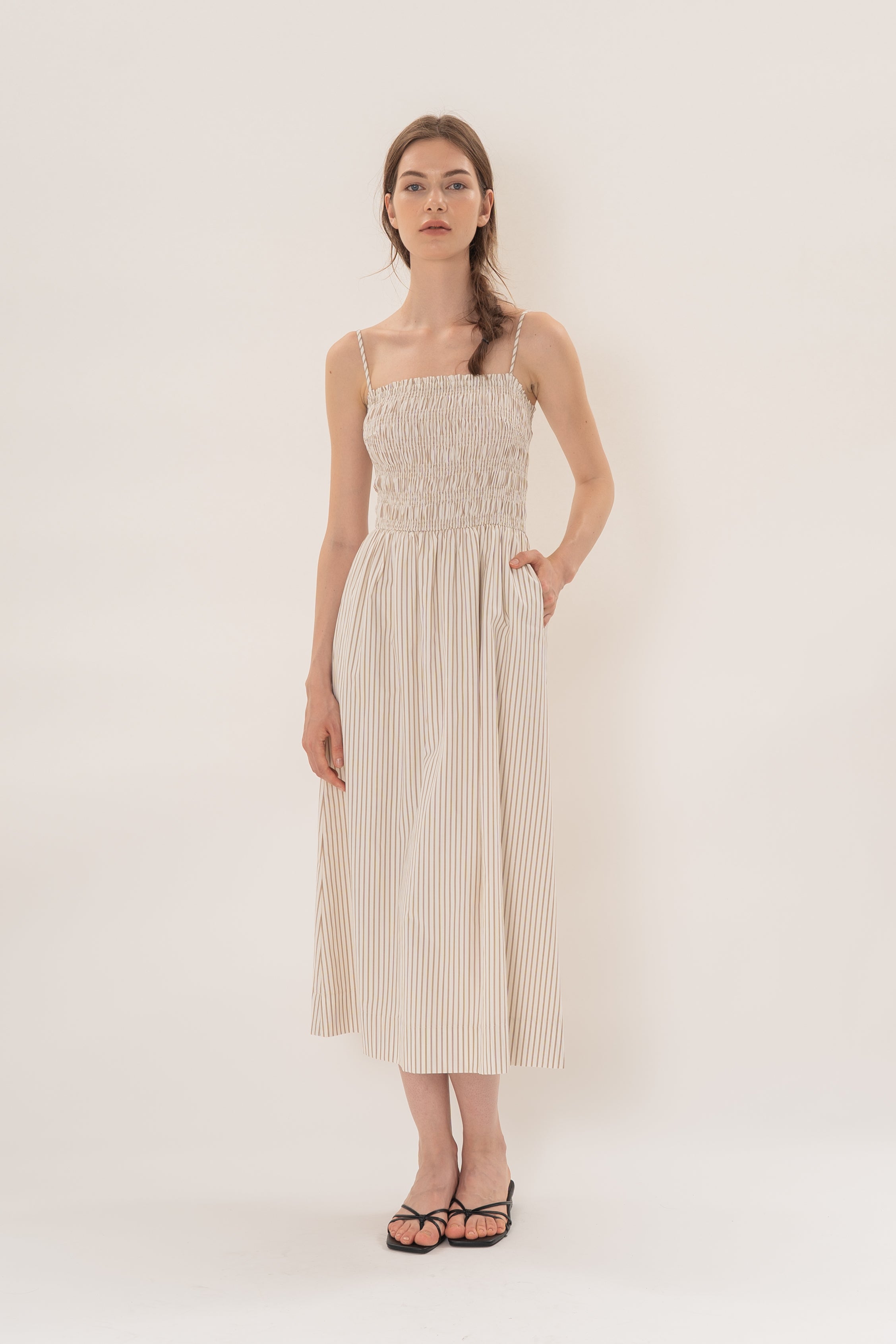 Cami Shirred Midi Dress in Tan Stripe