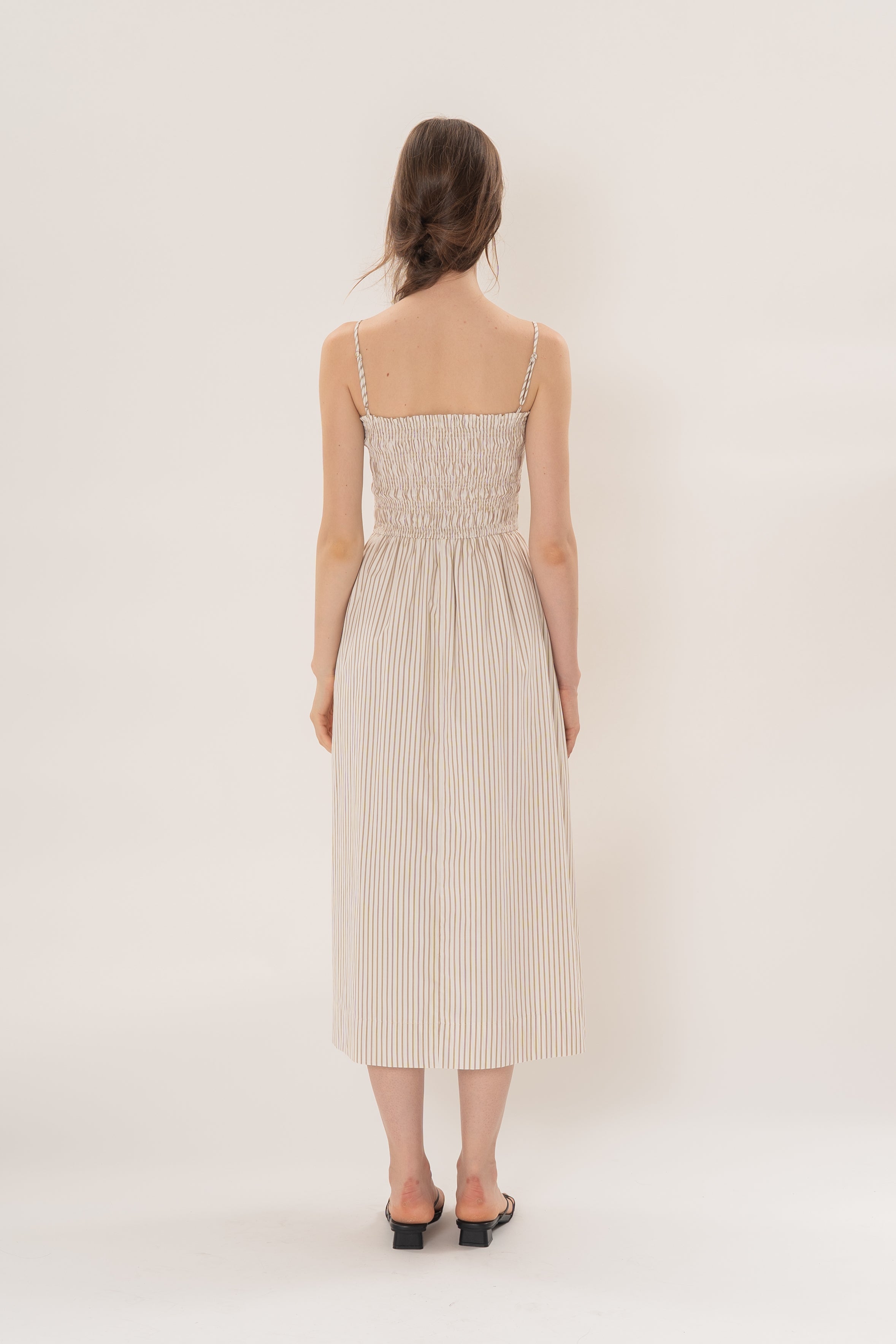Cami Shirred Midi Dress in Tan Stripe