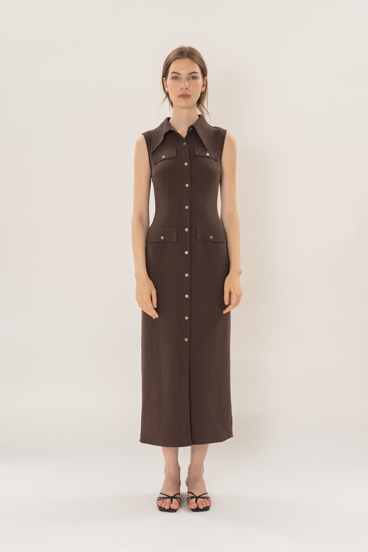 Collared Sleeveless Column Dress in Umber