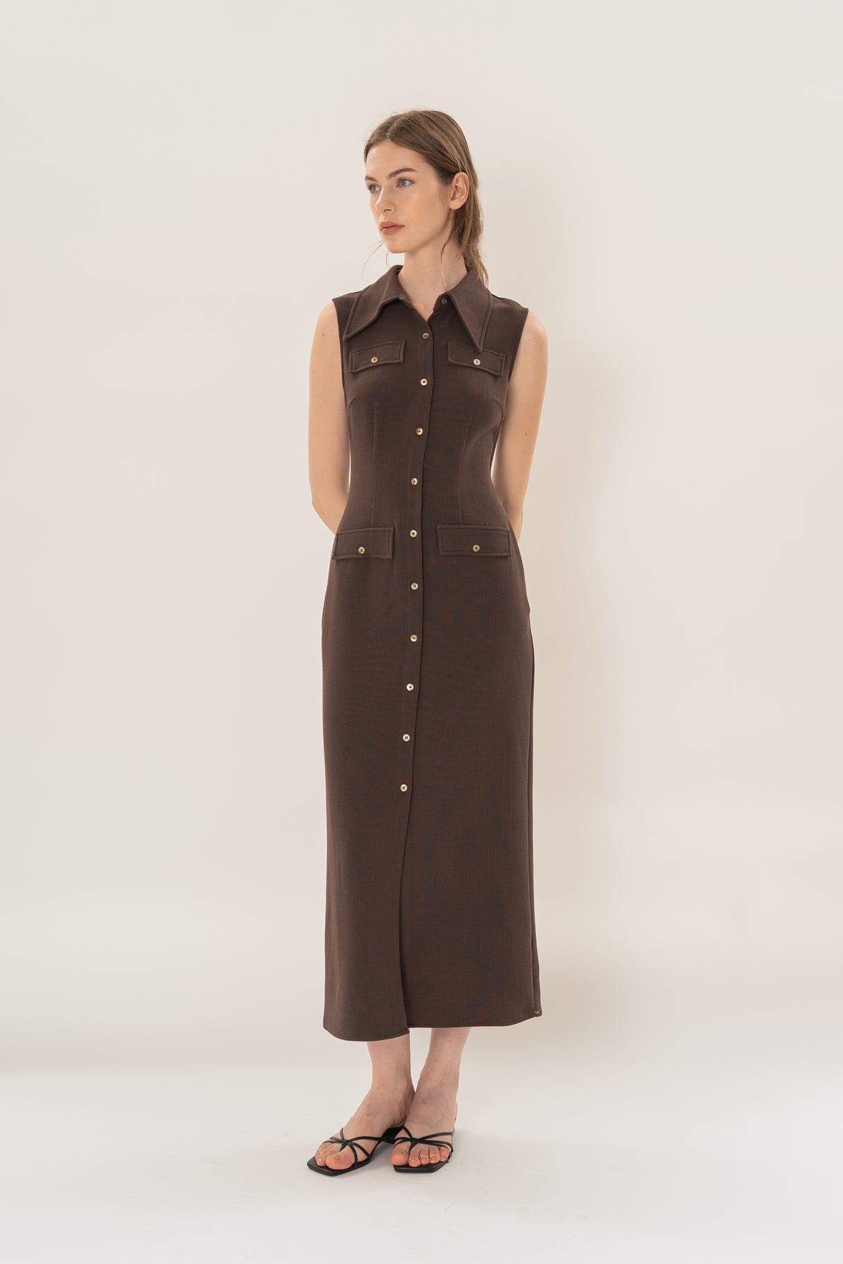 Collared Sleeveless Column Dress in Umber