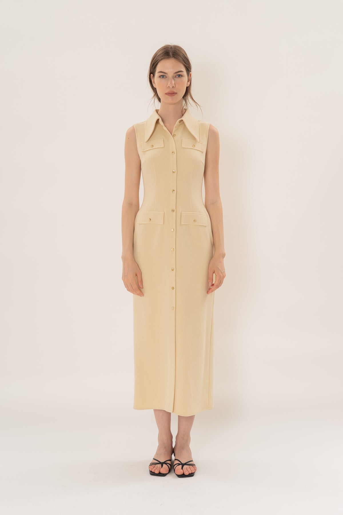Collared Sleeveless Column Dress in Eggnog