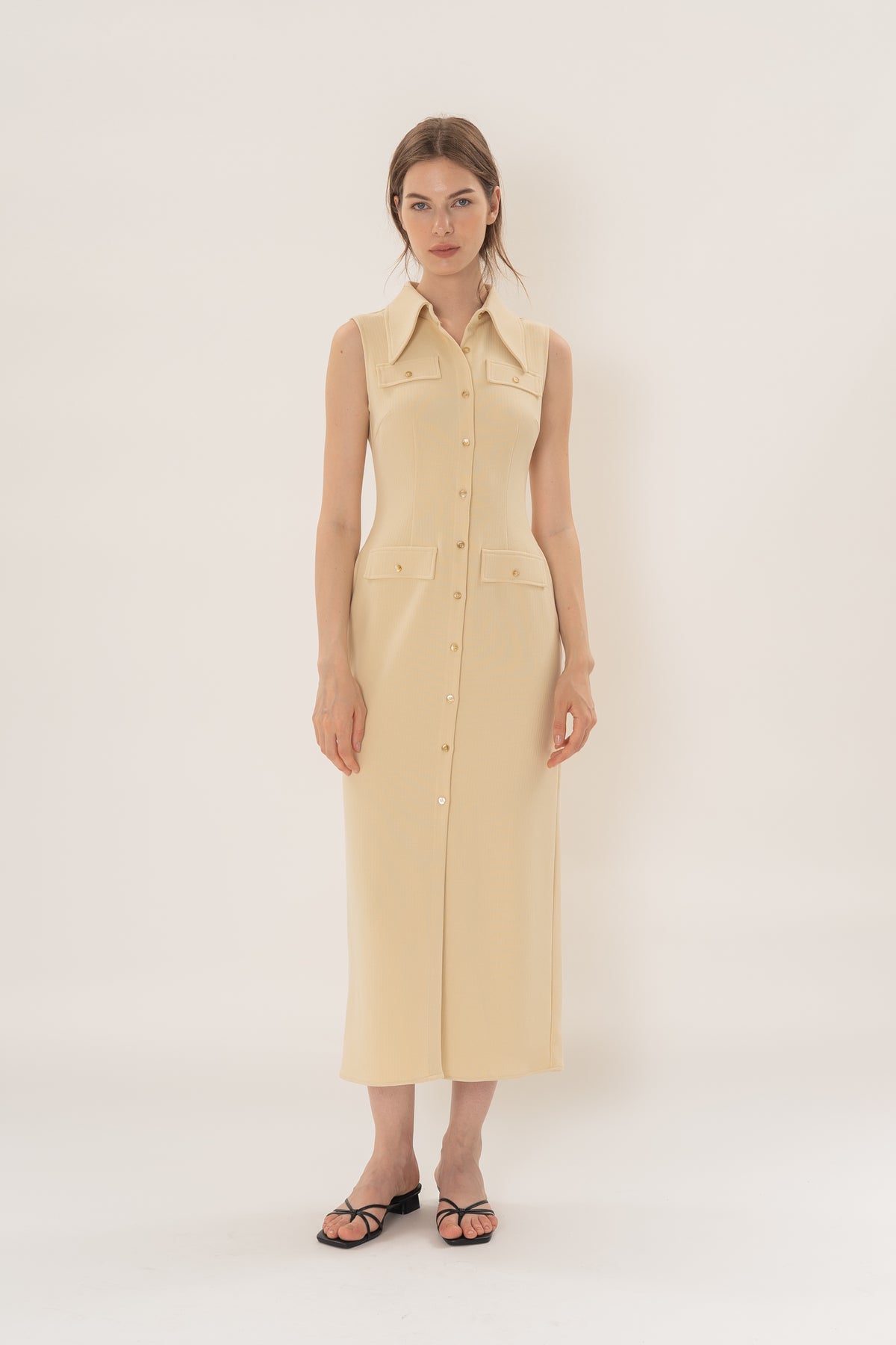 Collared Sleeveless Column Dress in Eggnog