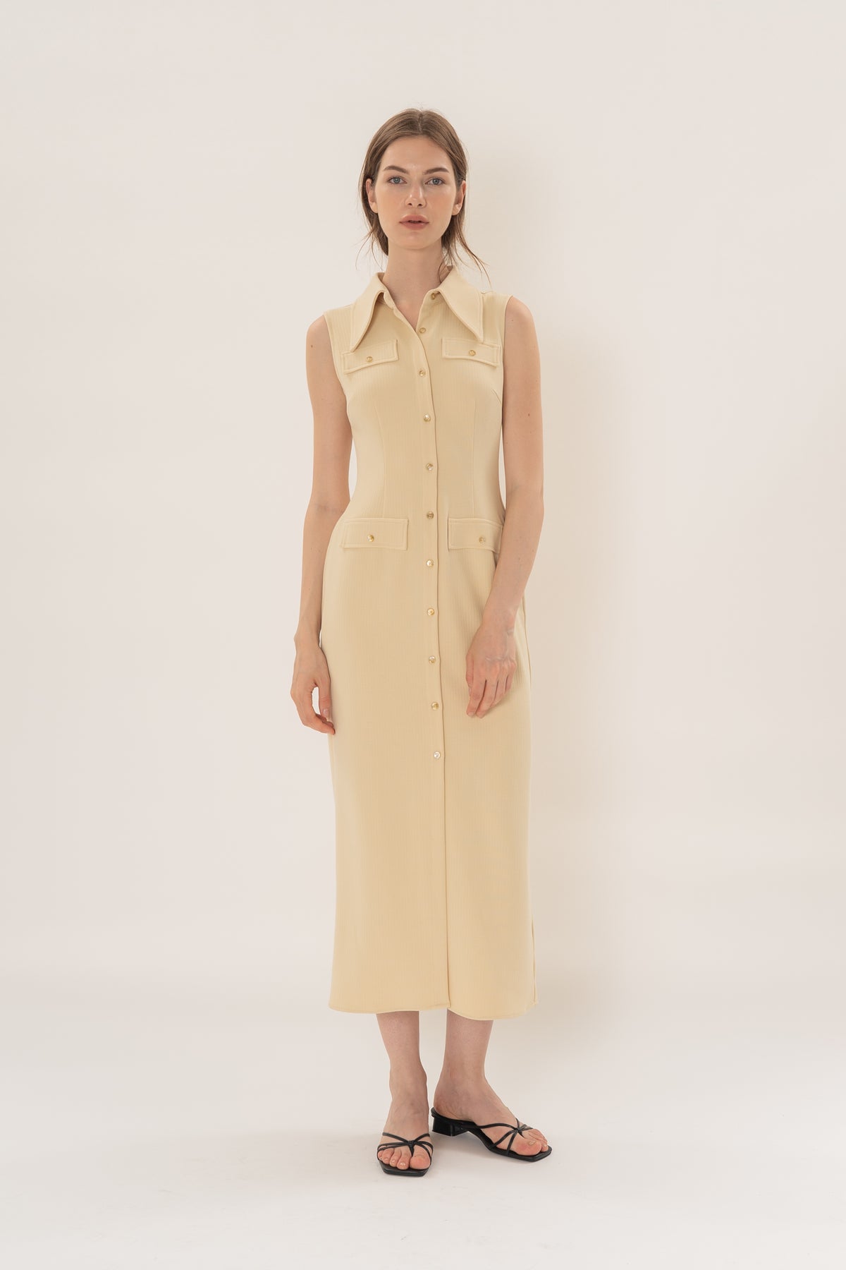 Collared Sleeveless Column Dress in Eggnog