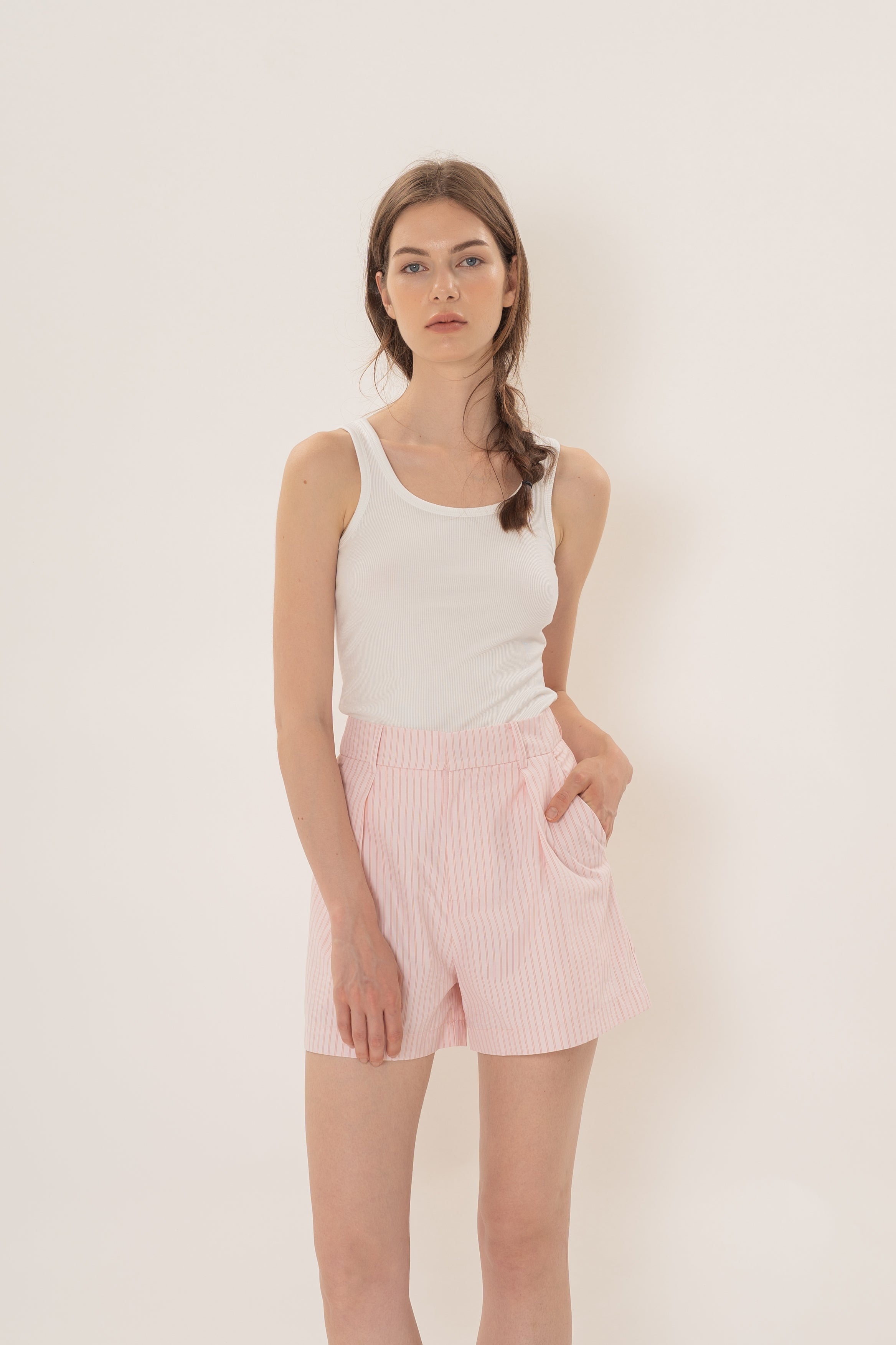 Pleated Shorts in Roseate Stripe